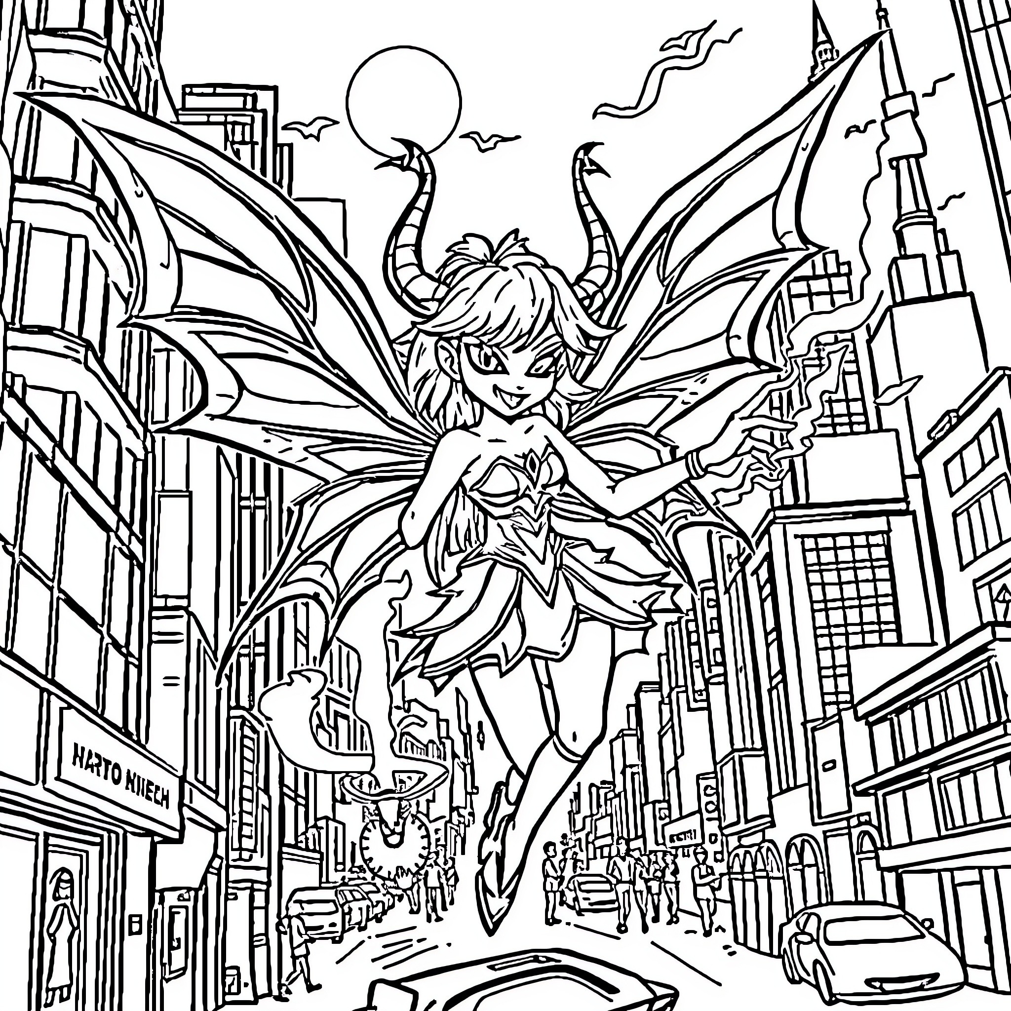 Fairy Soaring Through the Bustling City Coloring Page (free black-and-white line drawing printable PDF for all, from beginners to advanced learners, including children, teens, adults, and seniors)