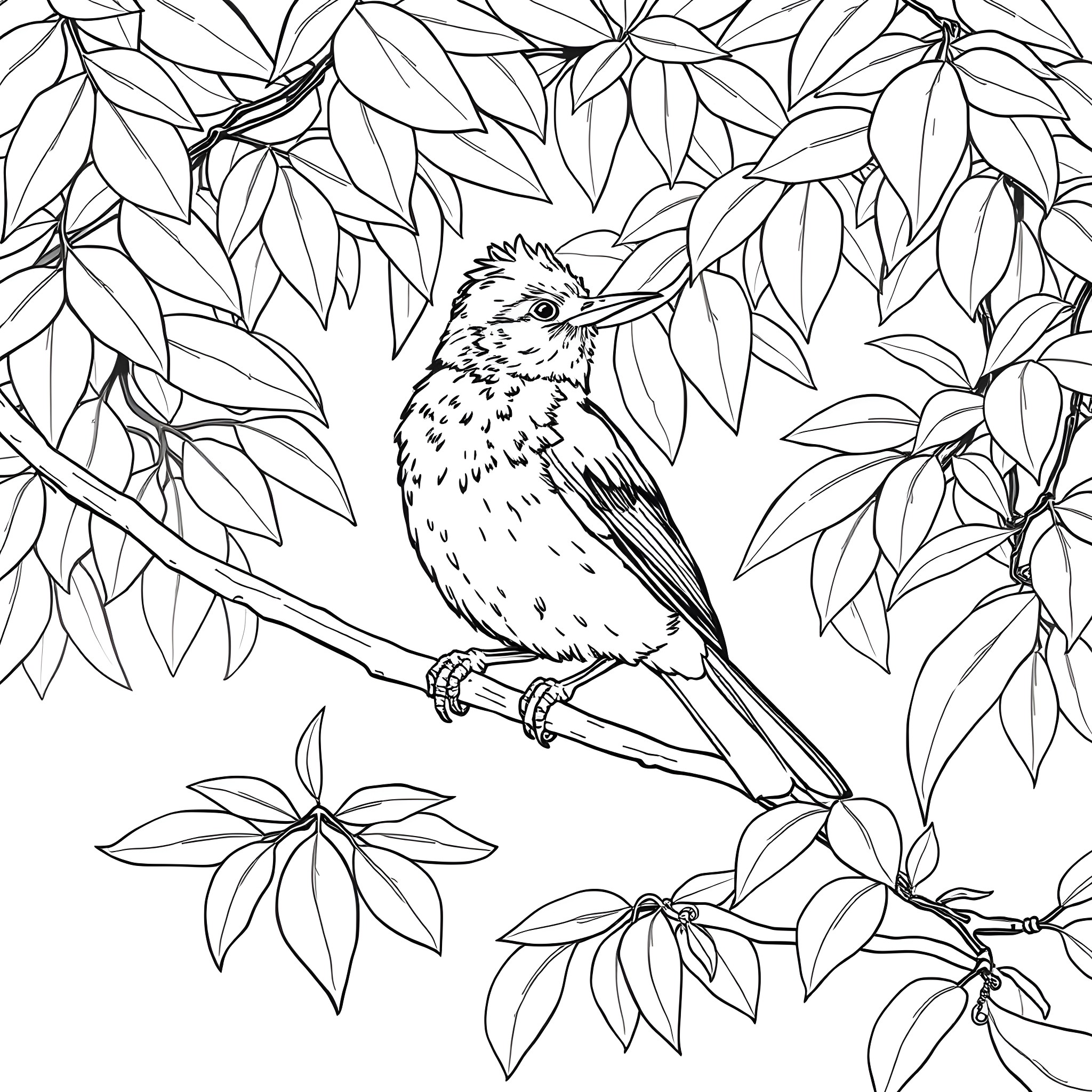 Spinus Tristis perched amidst lush foliage Coloring Page (free black-and-white line drawing printable PDF for all, from beginners to advanced learners, including children, teens, adults, and seniors)