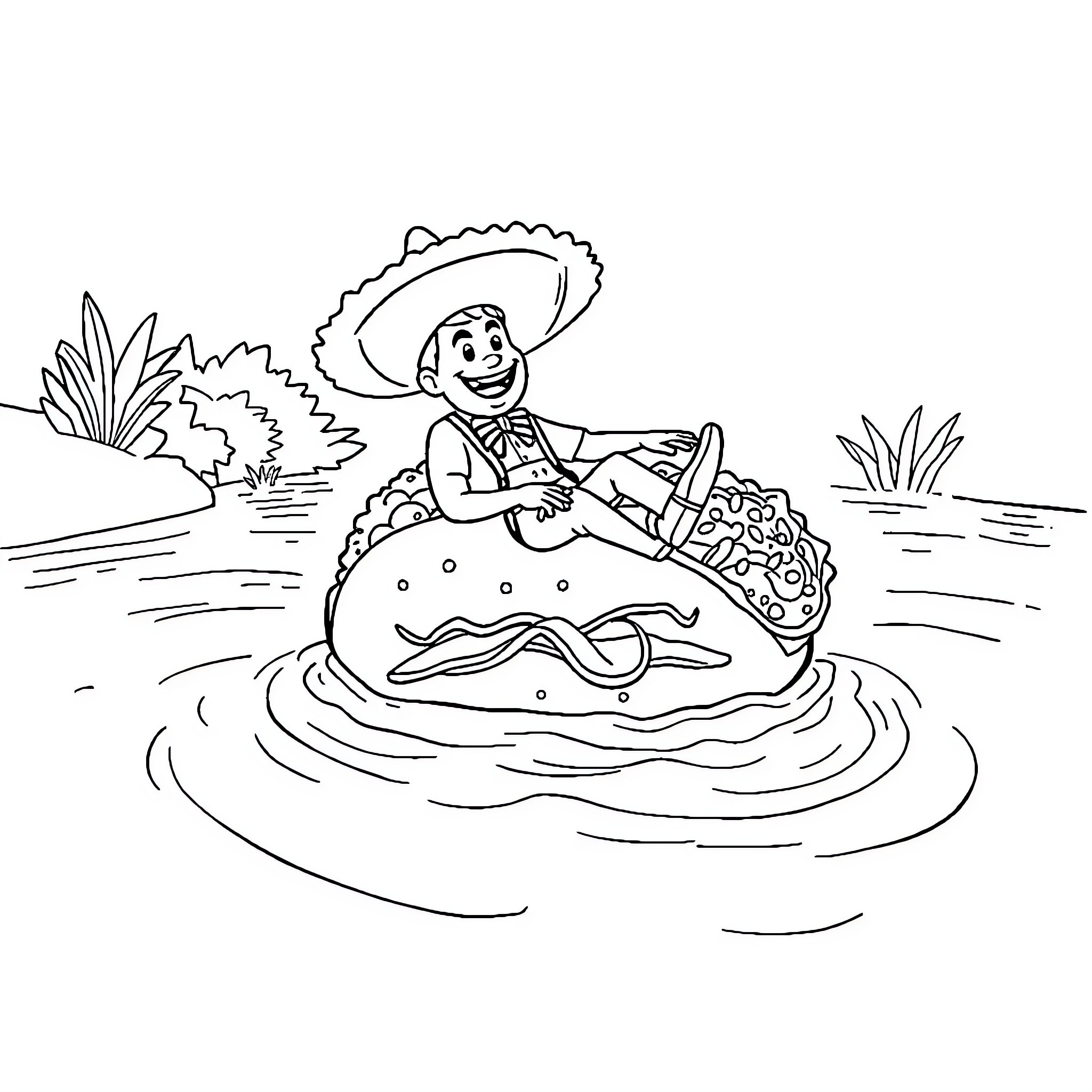 Taco man surfing in a taco boat Coloring Page (free black-and-white line drawing printable PDF for all, from beginners to advanced learners, including children, teens, adults, and seniors)