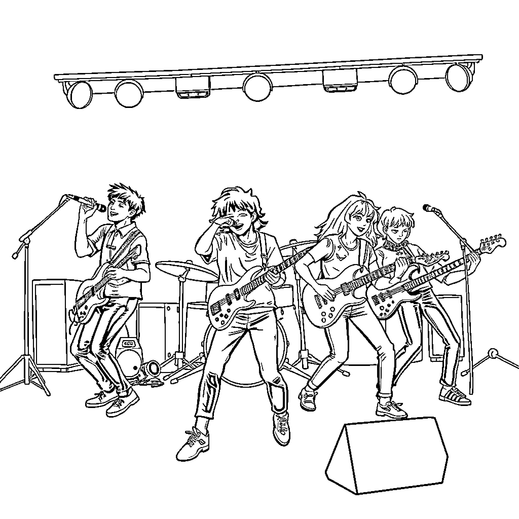 K Pop Band Rocking the Stage with Energy Coloring Page (free black-and-white line drawing printable PDF for all, from beginners to advanced learners, including children, teens, adults, and seniors)