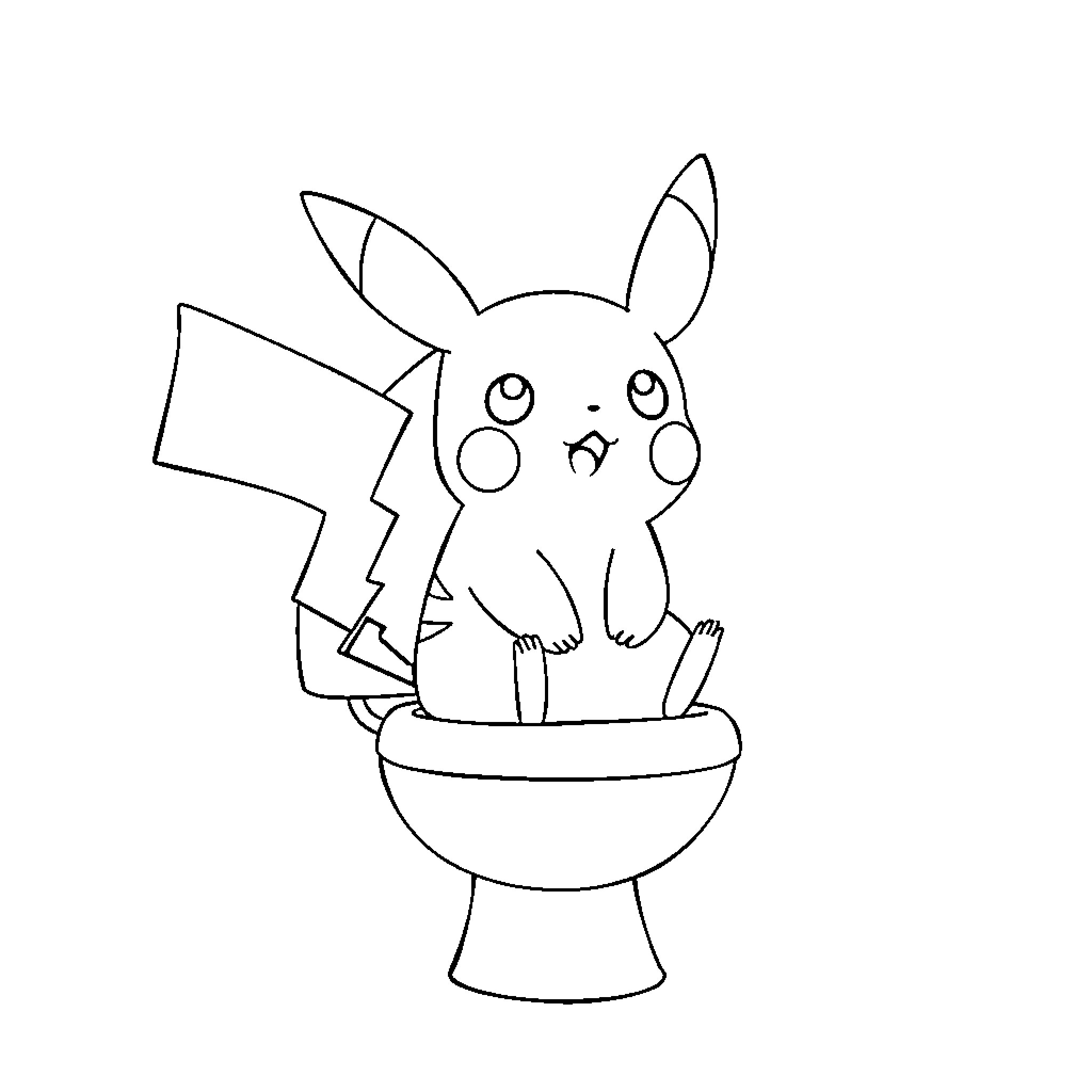Pikachu sitting in a toilet bowl Coloring Page (free black-and-white line drawing printable PDF for all, from beginners to advanced learners, including children, teens, adults, and seniors)