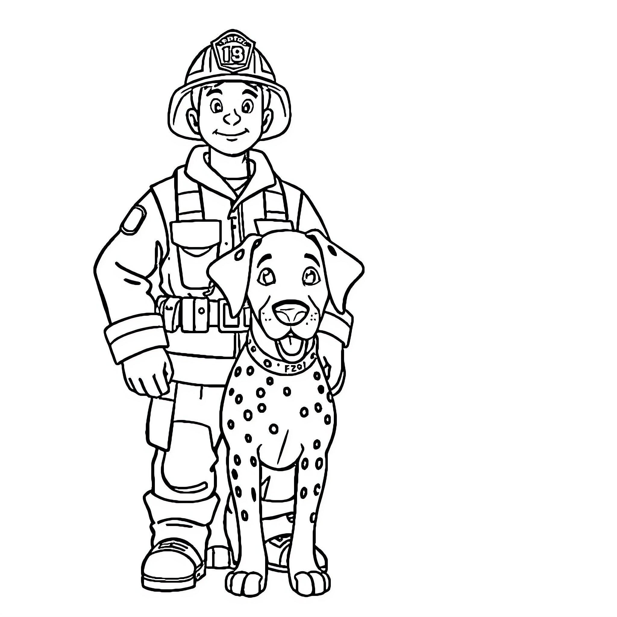 Firefighter rescuing a friendly dog Coloring Page (free black-and-white line drawing printable PDF for all, from beginners to advanced learners, including children, teens, adults, and seniors)