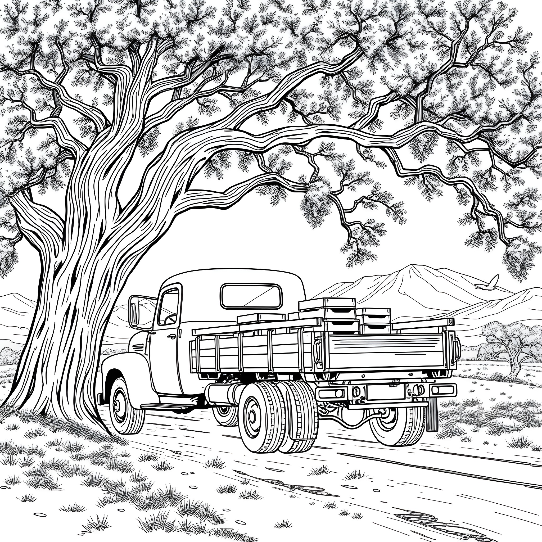 Truck transporting goods under a blooming tree Coloring Page (free black-and-white line drawing printable PDF for all, from beginners to advanced learners, including children, teens, adults, and seniors)