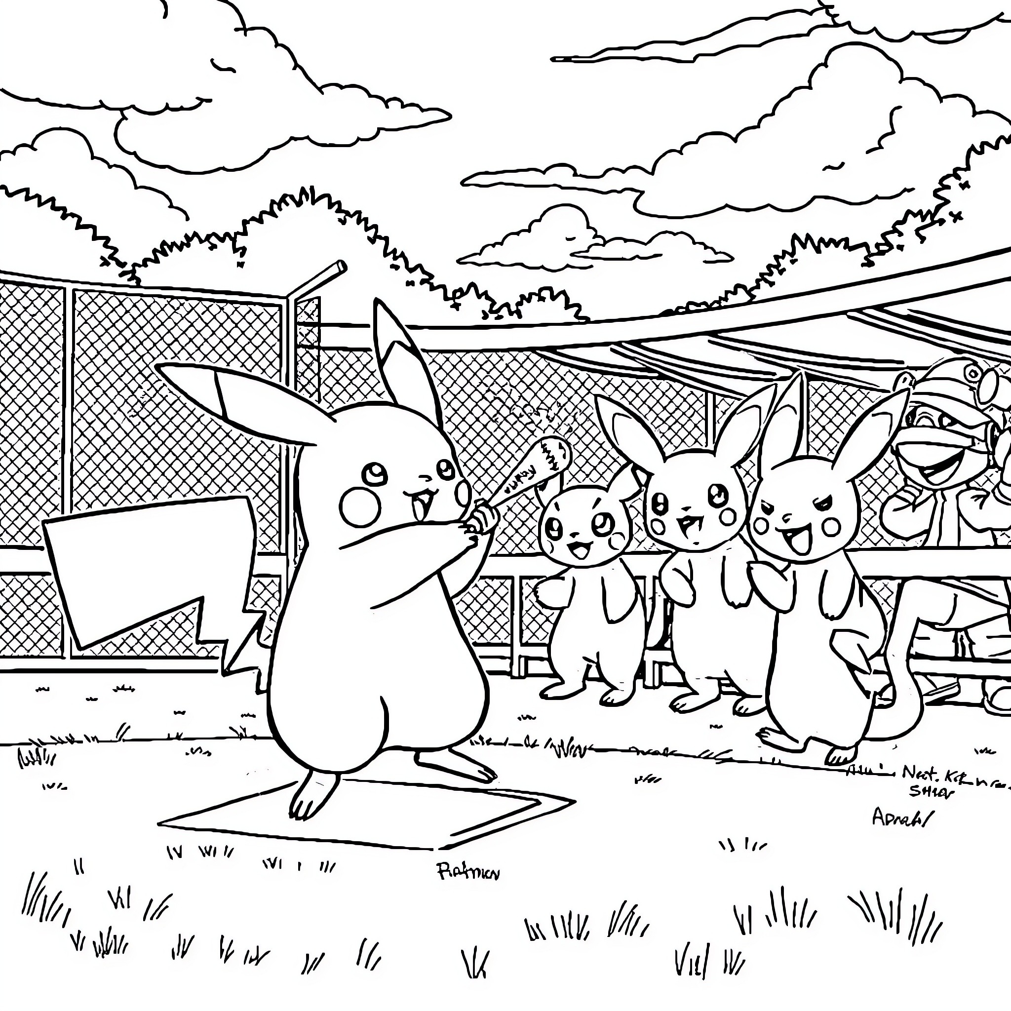 Pikachu and Friends Enjoying Outdoor Adventure Coloring Page (free black-and-white line drawing printable PDF for all, from beginners to advanced learners, including children, teens, adults, and seniors)