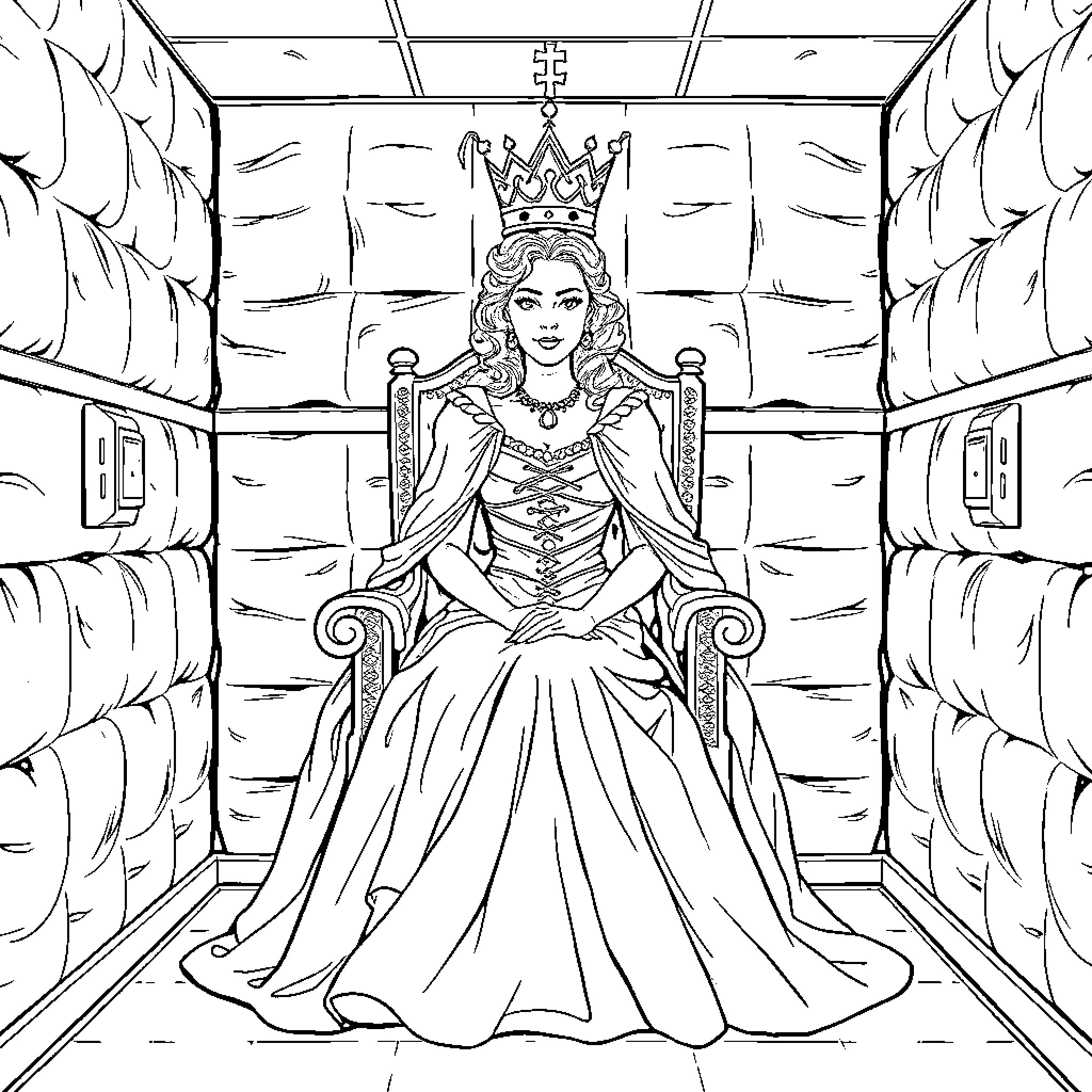 Queen Sitting Regally on Throne in Ornate Chamber Coloring Page (free black-and-white line drawing printable PDF for all, from beginners to advanced learners, including children, teens, adults, and seniors)