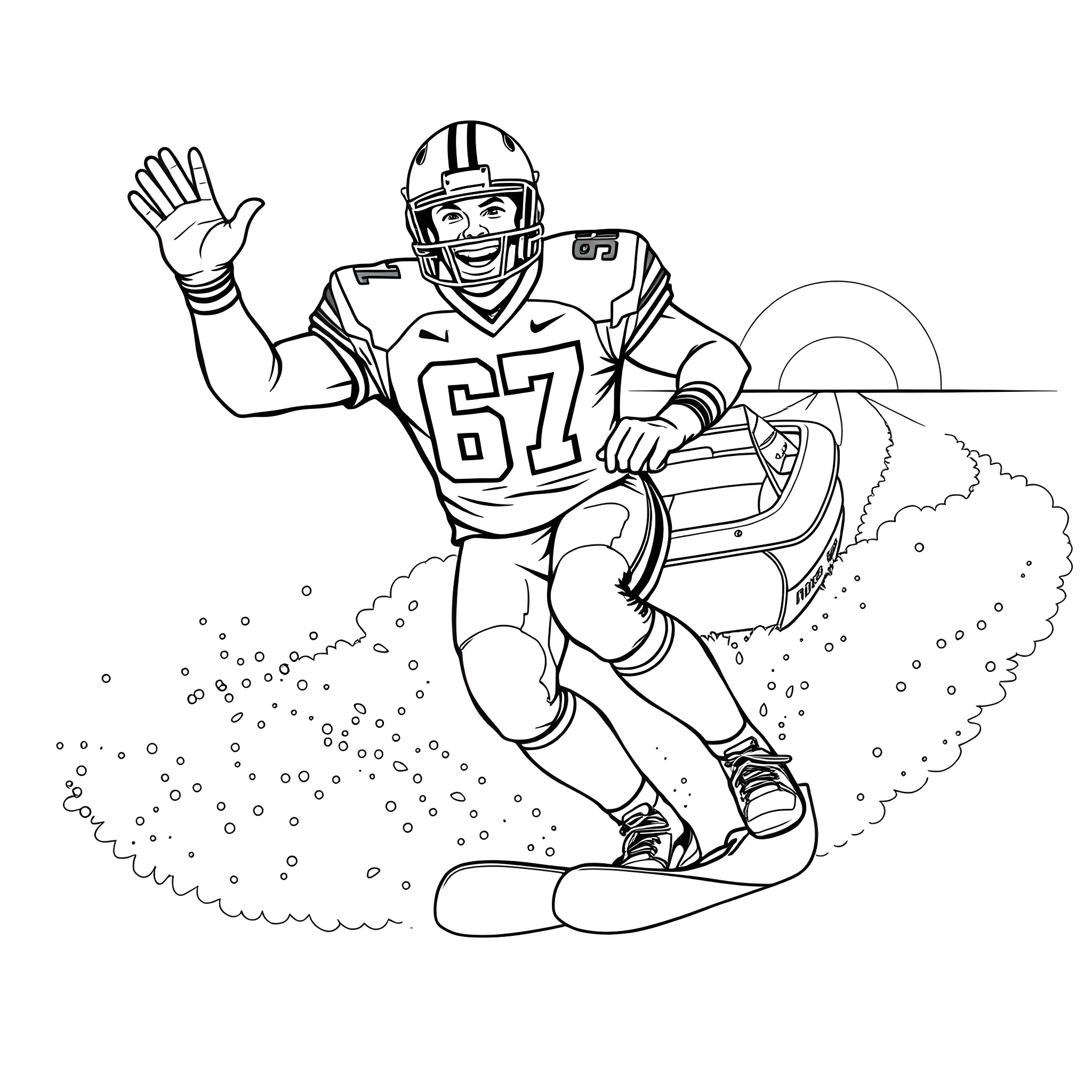 Football Player Snowboarding Down the Field Coloring Page (free black-and-white line drawing printable PDF for all, from beginners to advanced learners, including children, teens, adults, and seniors)