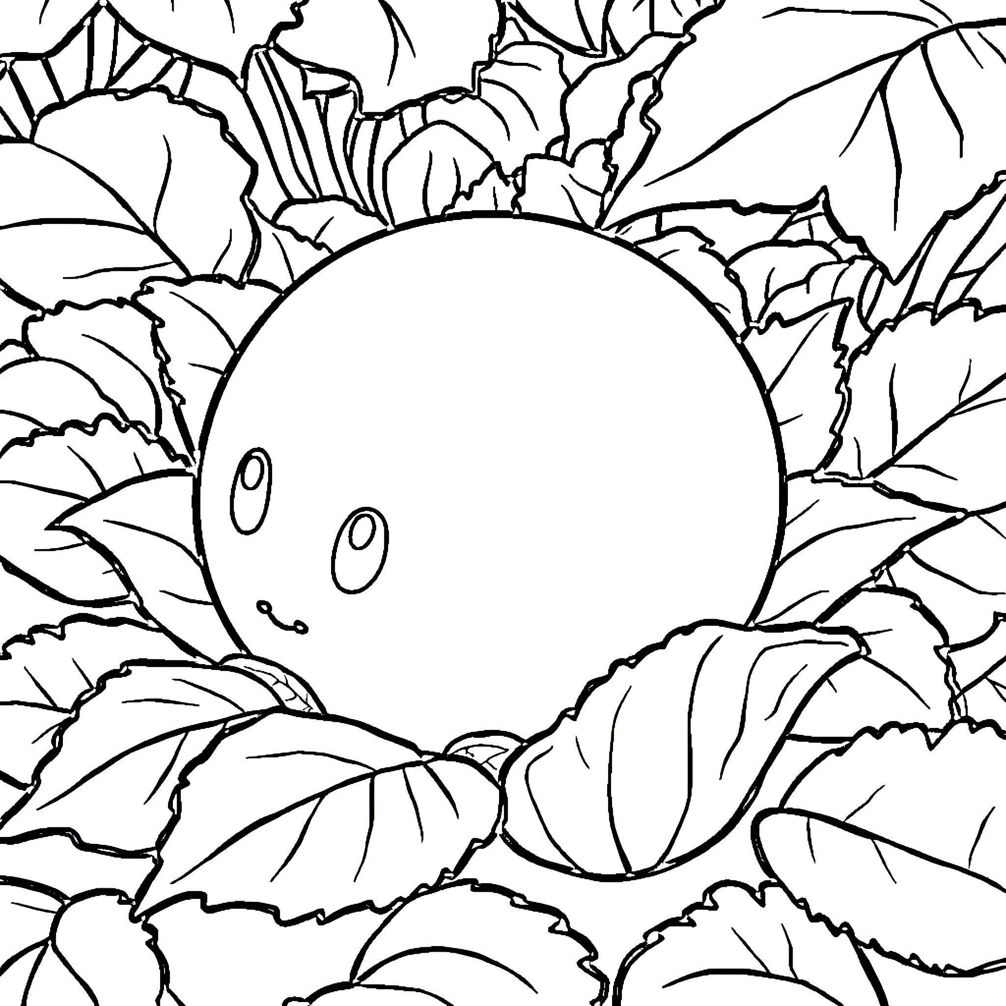 Watermelon peeking through lush foliage Coloring Page (free black-and-white line drawing printable PDF for all, from beginners to advanced learners, including children, teens, adults, and seniors)