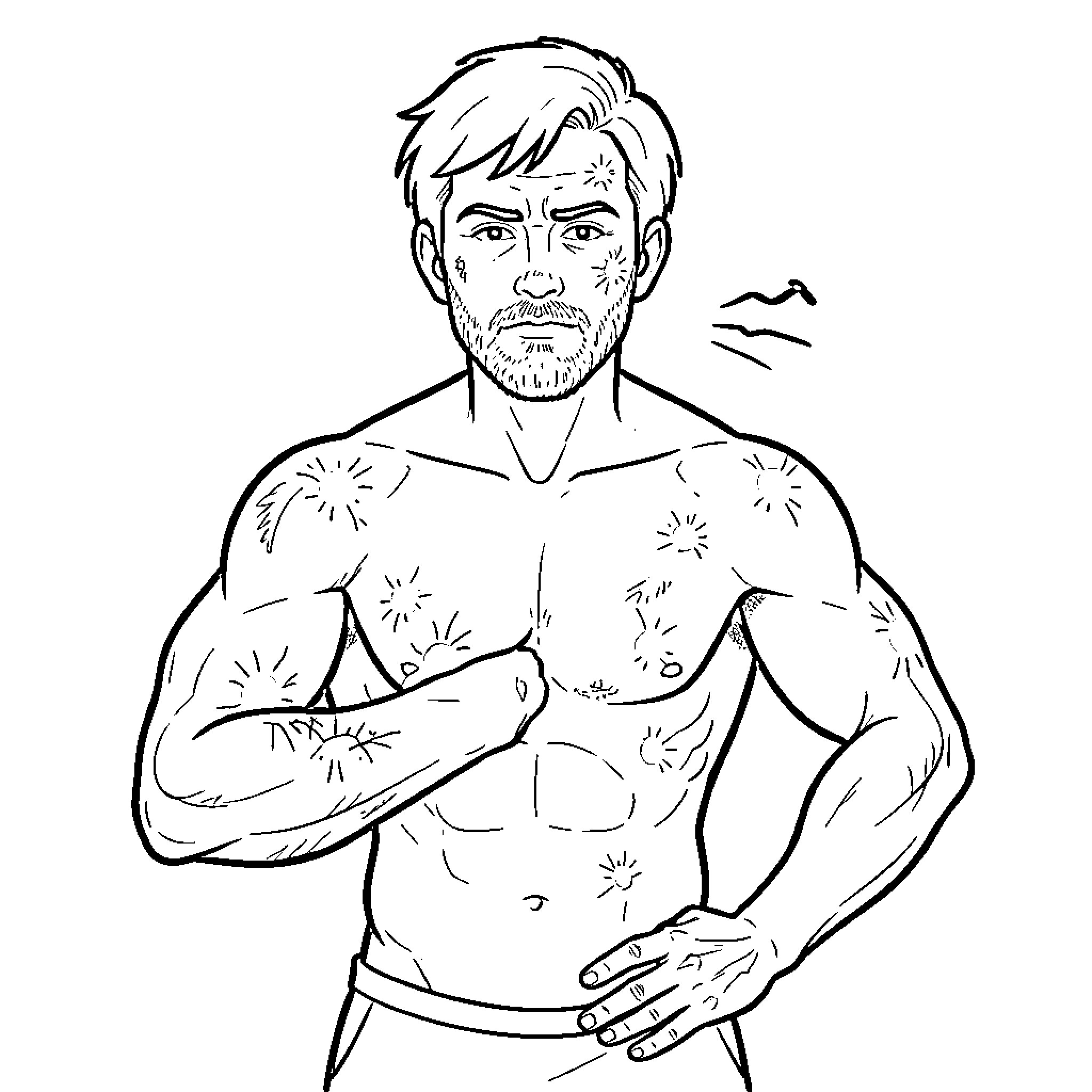 Persona of a Muscular Man with Tattoos Coloring Page (free black-and-white line drawing printable PDF for all, from beginners to advanced learners, including children, teens, adults, and seniors)