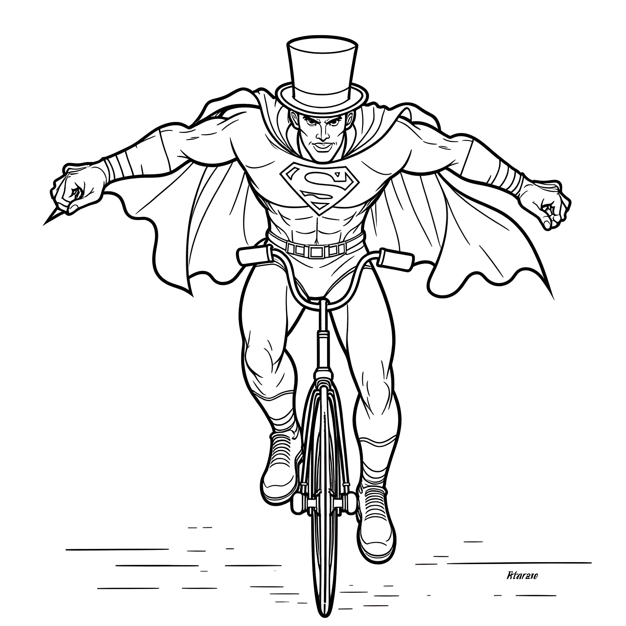 Superman Riding a Bicycle in a Formal Attire Coloring Page (free black-and-white line drawing printable PDF for all, from beginners to advanced learners, including children, teens, adults, and seniors)