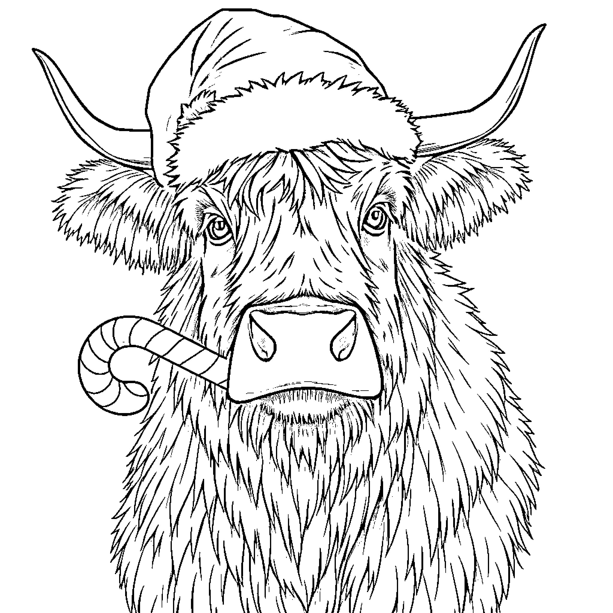 Highland Cow wearing a Winter Hat Coloring Page (free black-and-white line drawing printable PDF for all, from beginners to advanced learners, including children, teens, adults, and seniors)