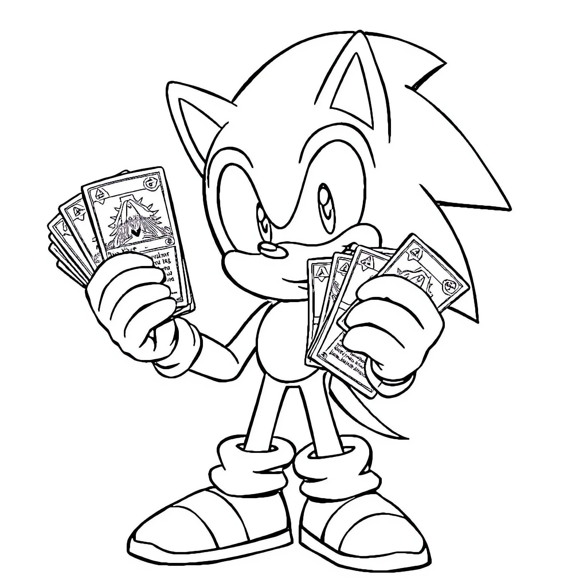 Sonic Happily Holding Stacks of Money Coloring Page (free black-and-white line drawing printable PDF for all, from beginners to advanced learners, including children, teens, adults, and seniors)