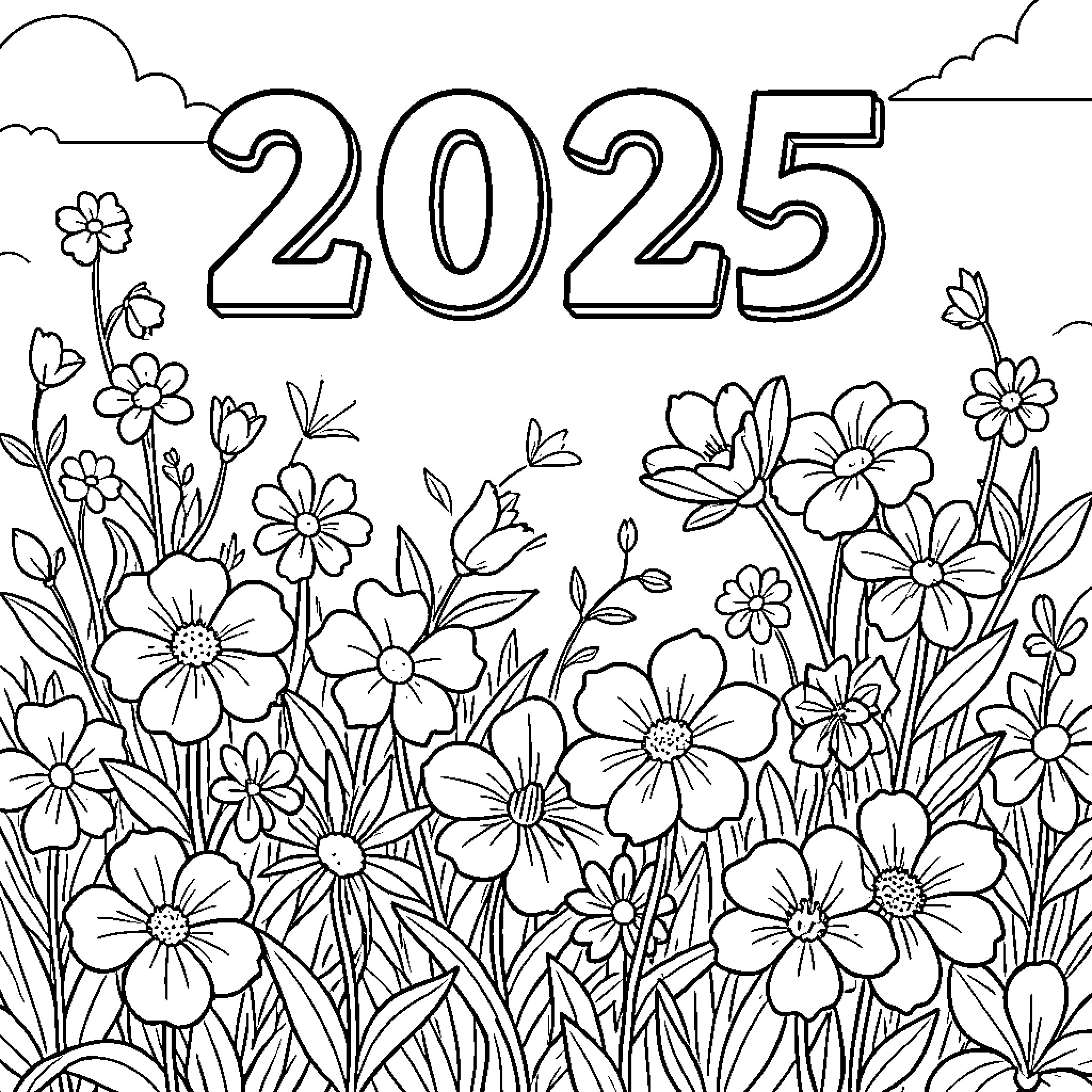 2025 year celebrating with blooming spring flowers Coloring Page (free black-and-white line drawing printable PDF for all, from beginners to advanced learners, including children, teens, adults, and seniors)