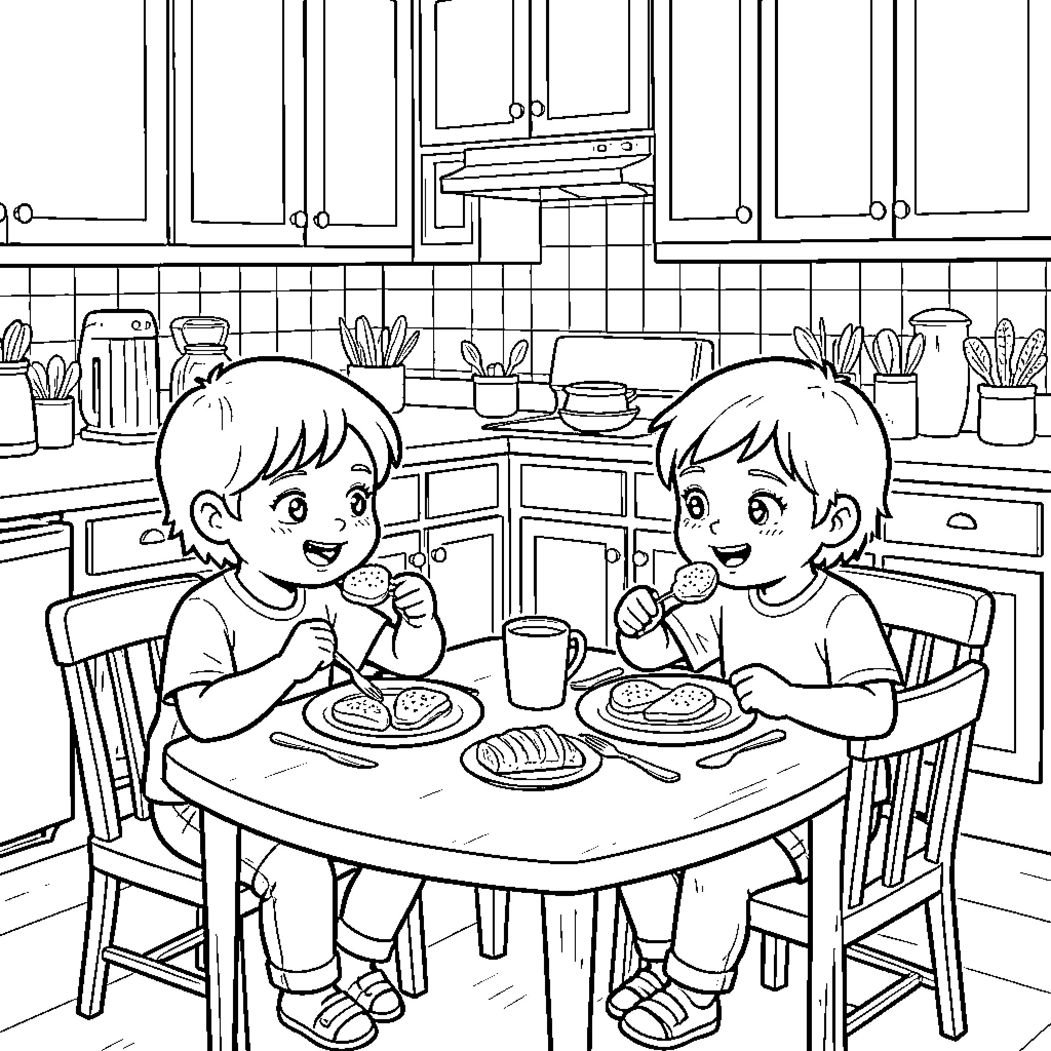 Child eating breakfast together at a kitchen table Coloring Page (free black-and-white line drawing printable PDF for all, from beginners to advanced learners, including children, teens, adults, and seniors)