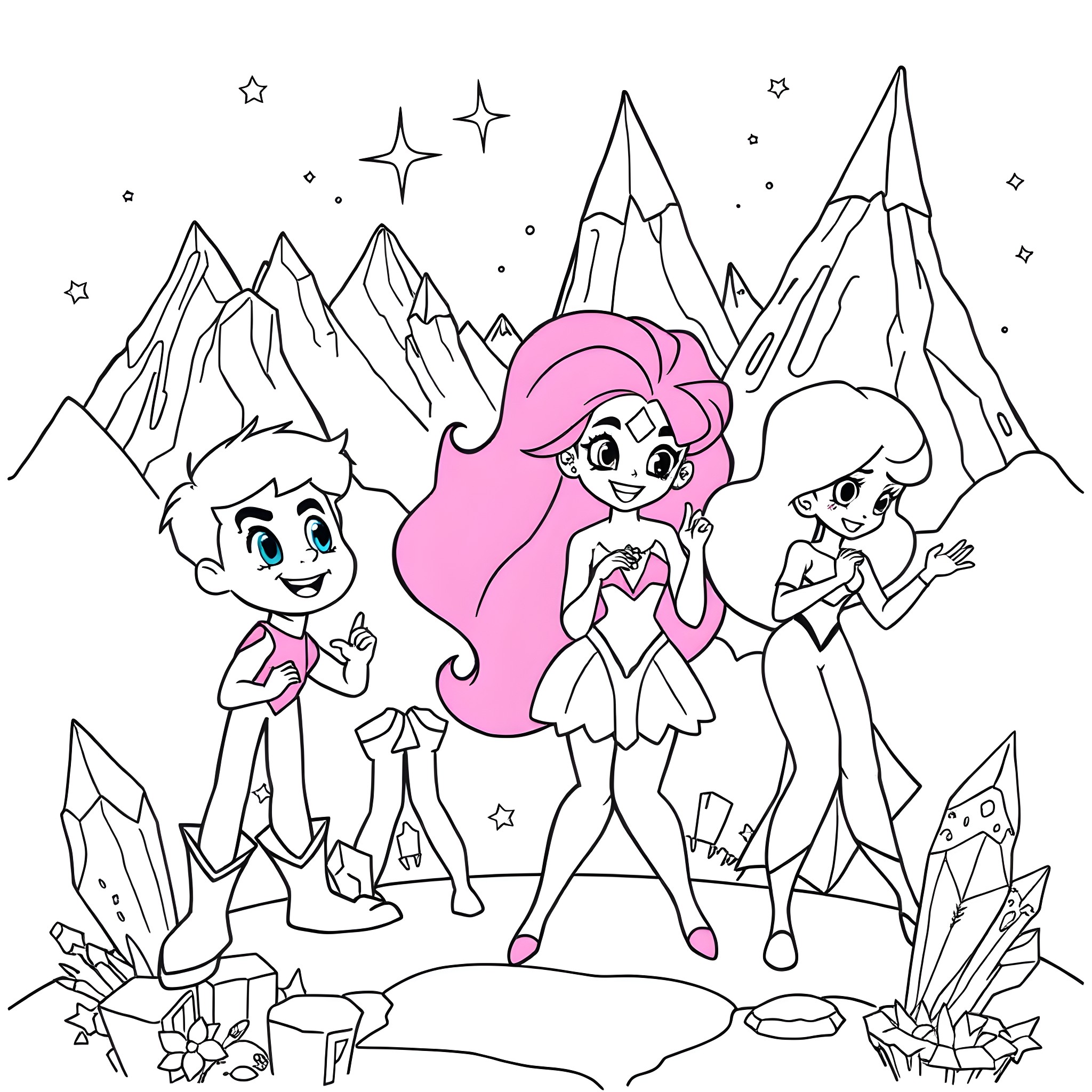 Gem Characters Explore Enchanting Crystalline Landscape Coloring Page (free black-and-white line drawing printable PDF for all, from beginners to advanced learners, including children, teens, adults, and seniors)
