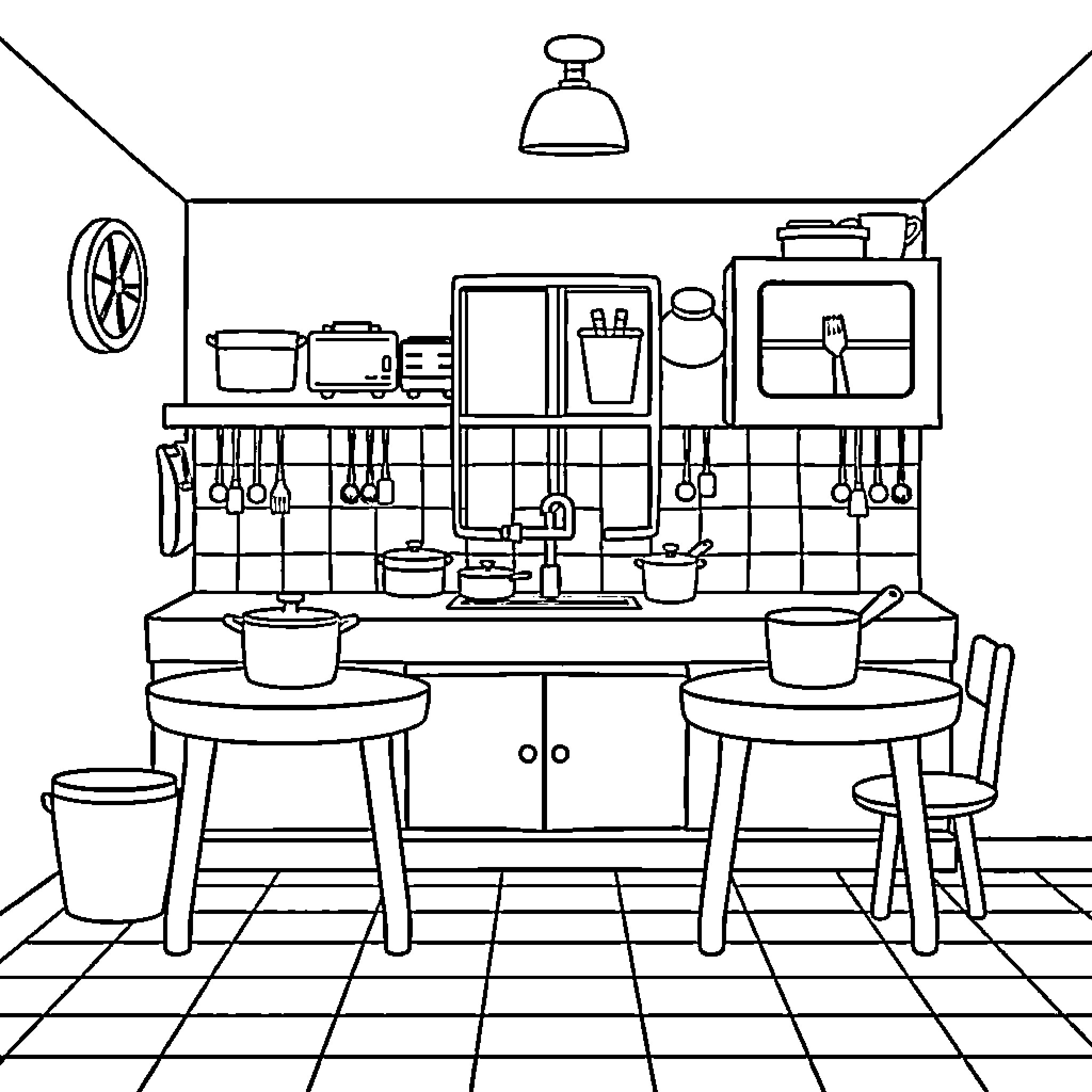 Kitchen with cooking utensils and appliances Coloring Page (free black-and-white line drawing printable PDF for all, from beginners to advanced learners, including children, teens, adults, and seniors)