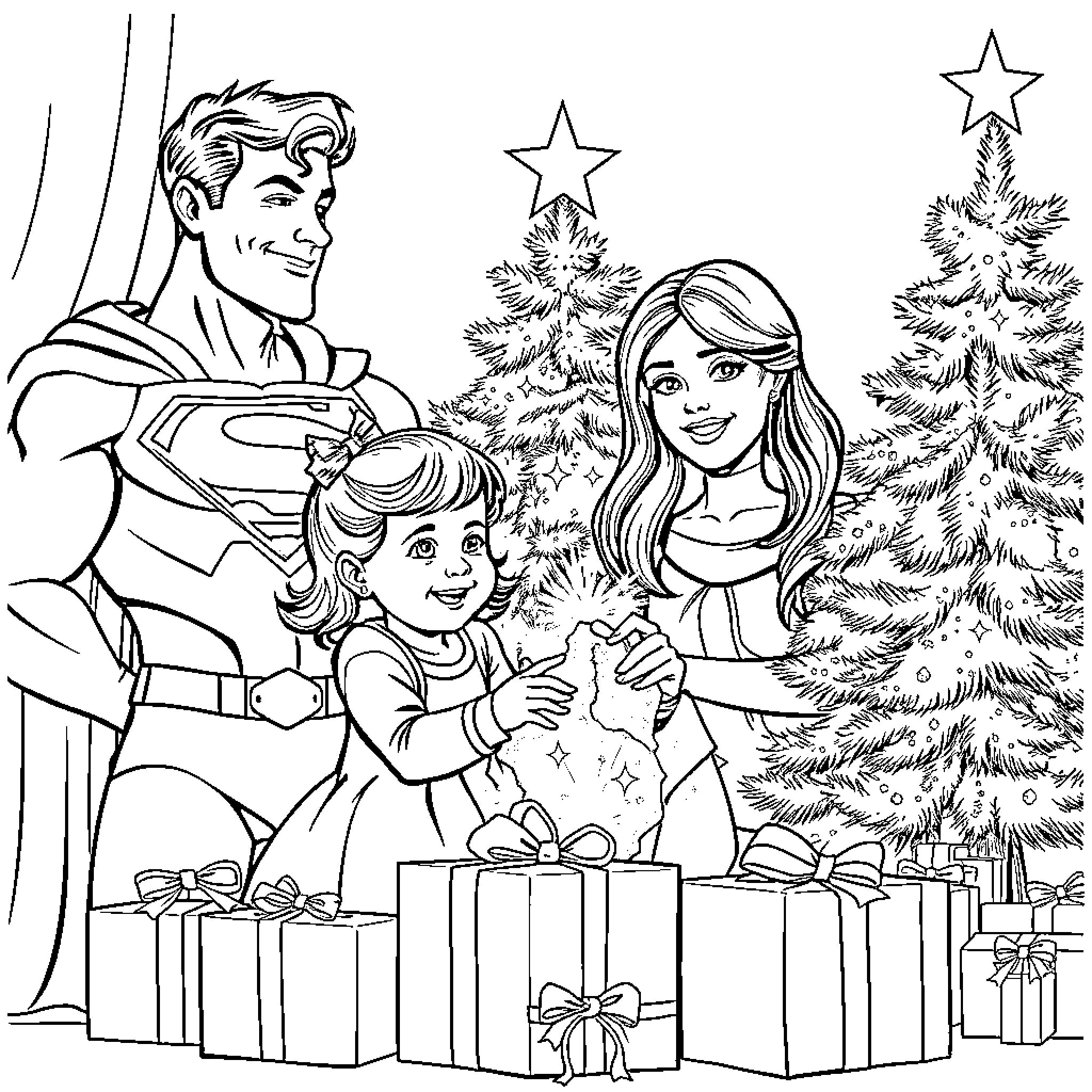 Superhero Family Celebrates Christmas Together Coloring Page (free black-and-white line drawing printable PDF for all, from beginners to advanced learners, including children, teens, adults, and seniors)