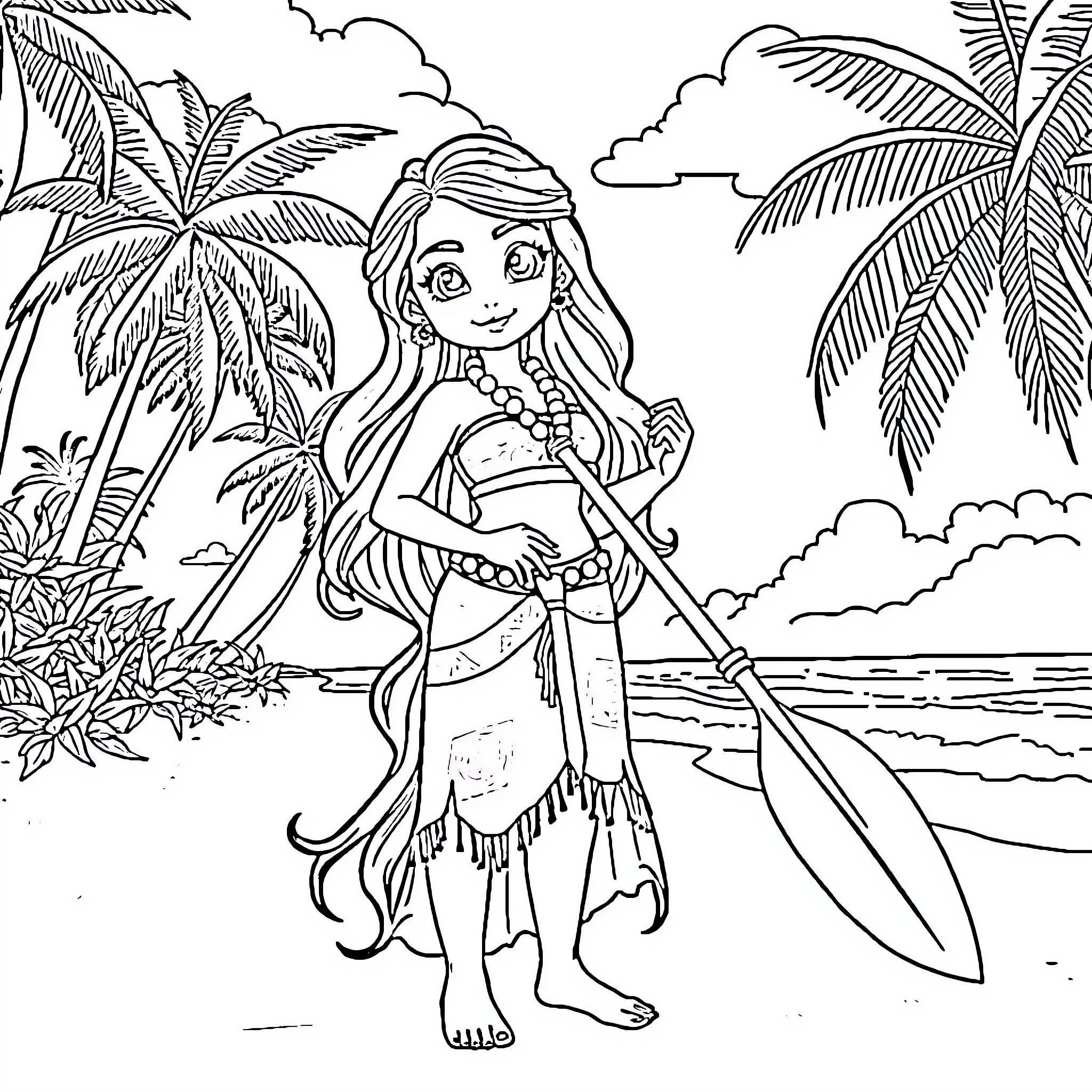 Vaiana exploring the tropical beach with her surfboard Coloring Page (free black-and-white line drawing printable PDF for all, from beginners to advanced learners, including children, teens, adults, and seniors)