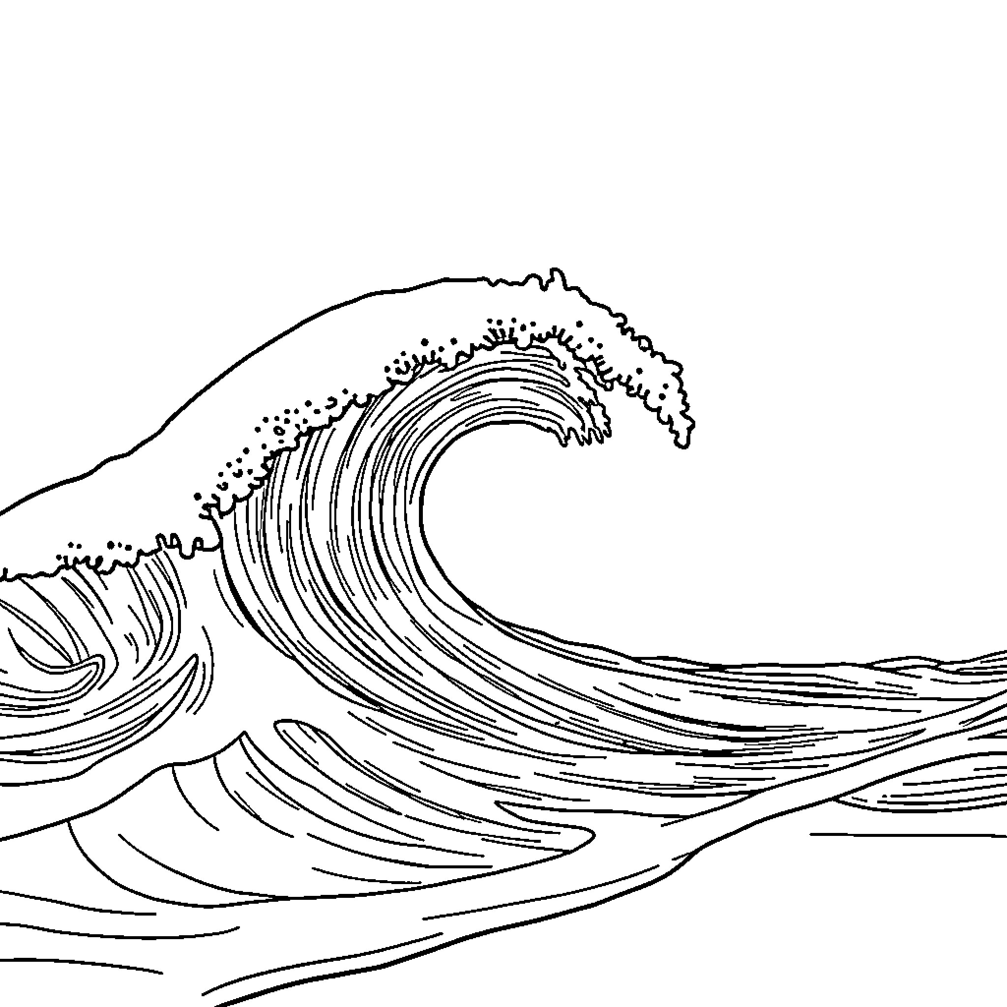 Ocean Wave Crashing Powerfully Coloring Page (free black-and-white line drawing printable PDF for all, from beginners to advanced learners, including children, teens, adults, and seniors)