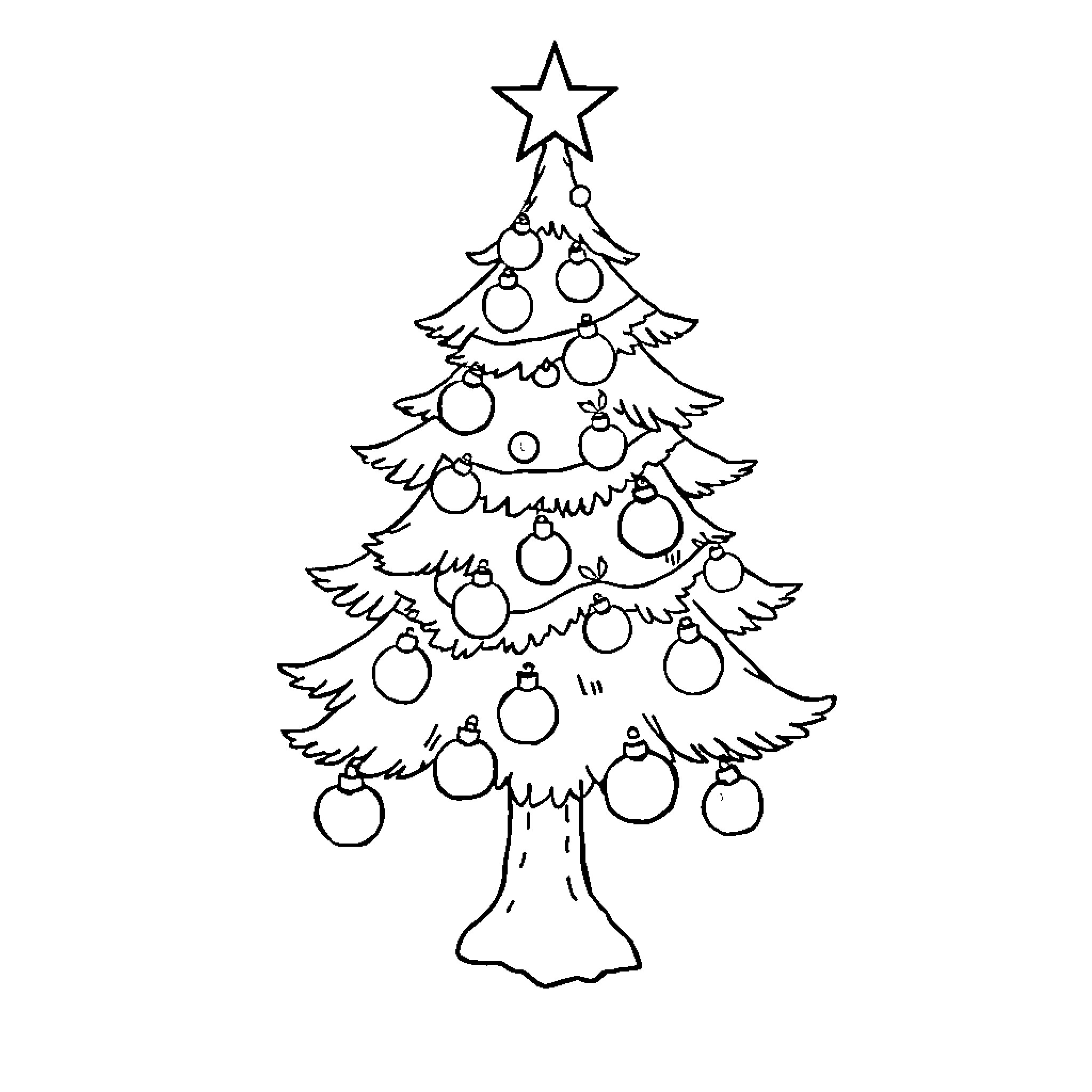 Christmas Tree with Ornaments and Topper Coloring Page (free black-and-white line drawing printable PDF for all, from beginners to advanced learners, including children, teens, adults, and seniors)