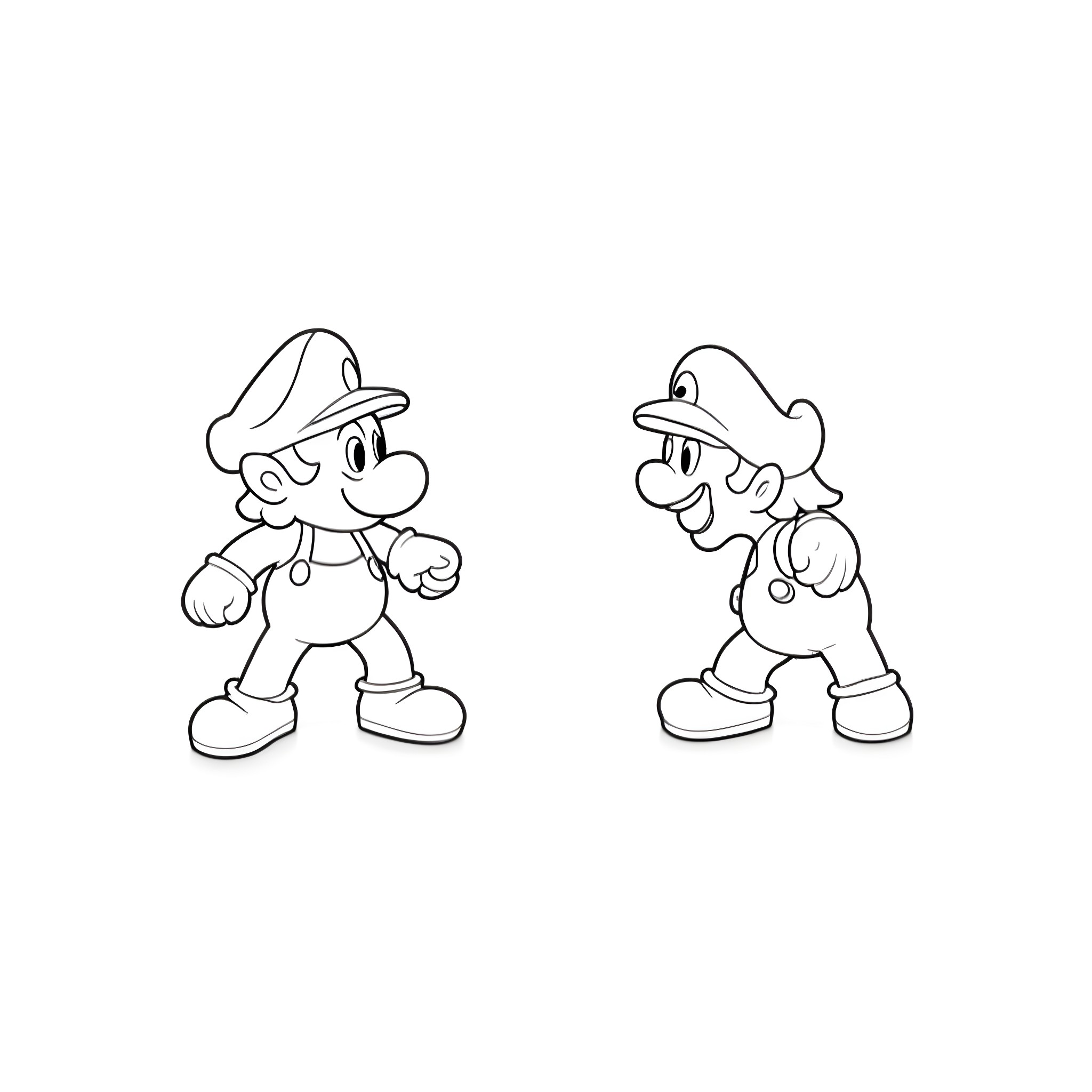 Mario and Luigi in classic poses Coloring Page (free black-and-white line drawing printable PDF for all, from beginners to advanced learners, including children, teens, adults, and seniors)