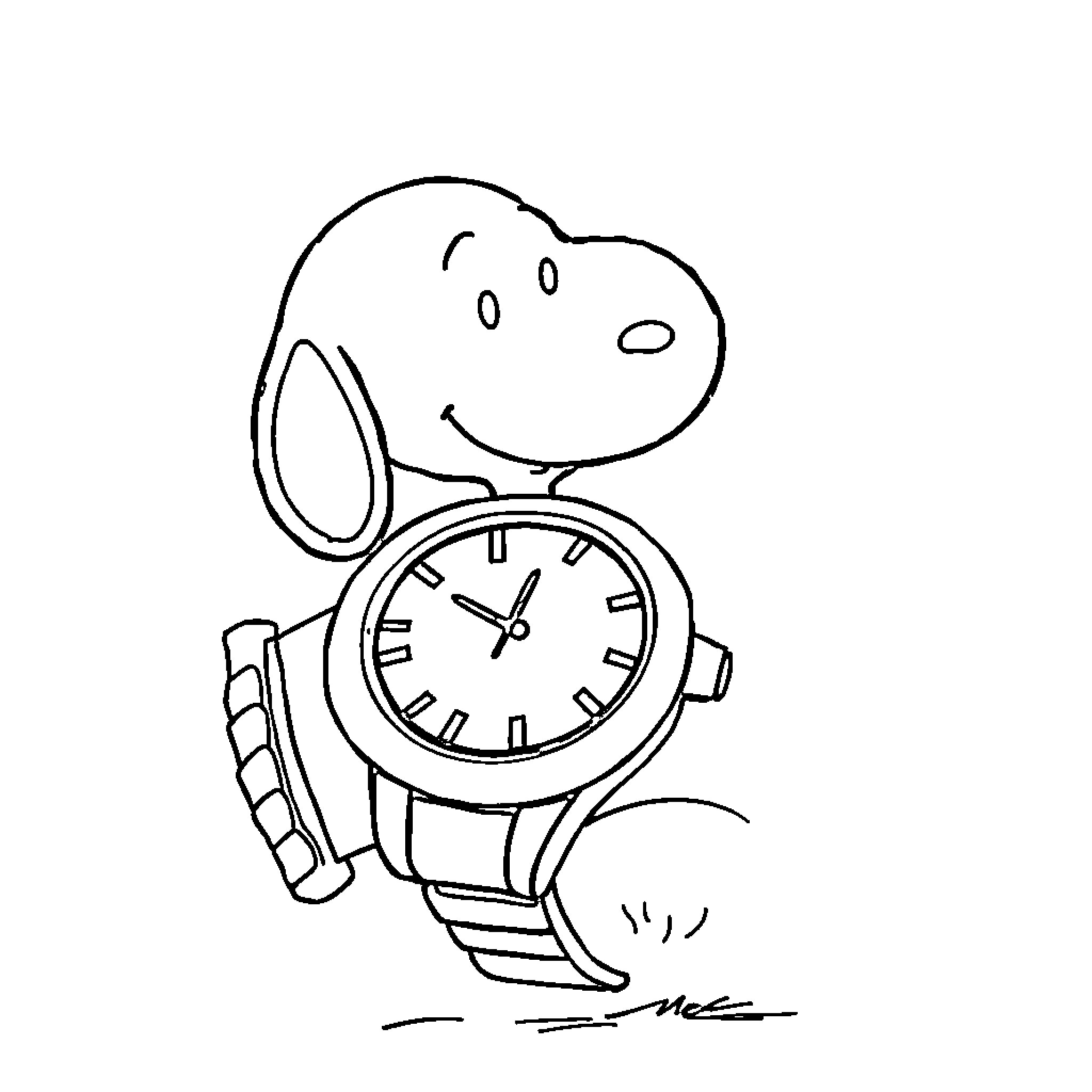 Watch a cartoon character with a clock Coloring Page (free black-and-white line drawing printable PDF for all, from beginners to advanced learners, including children, teens, adults, and seniors)