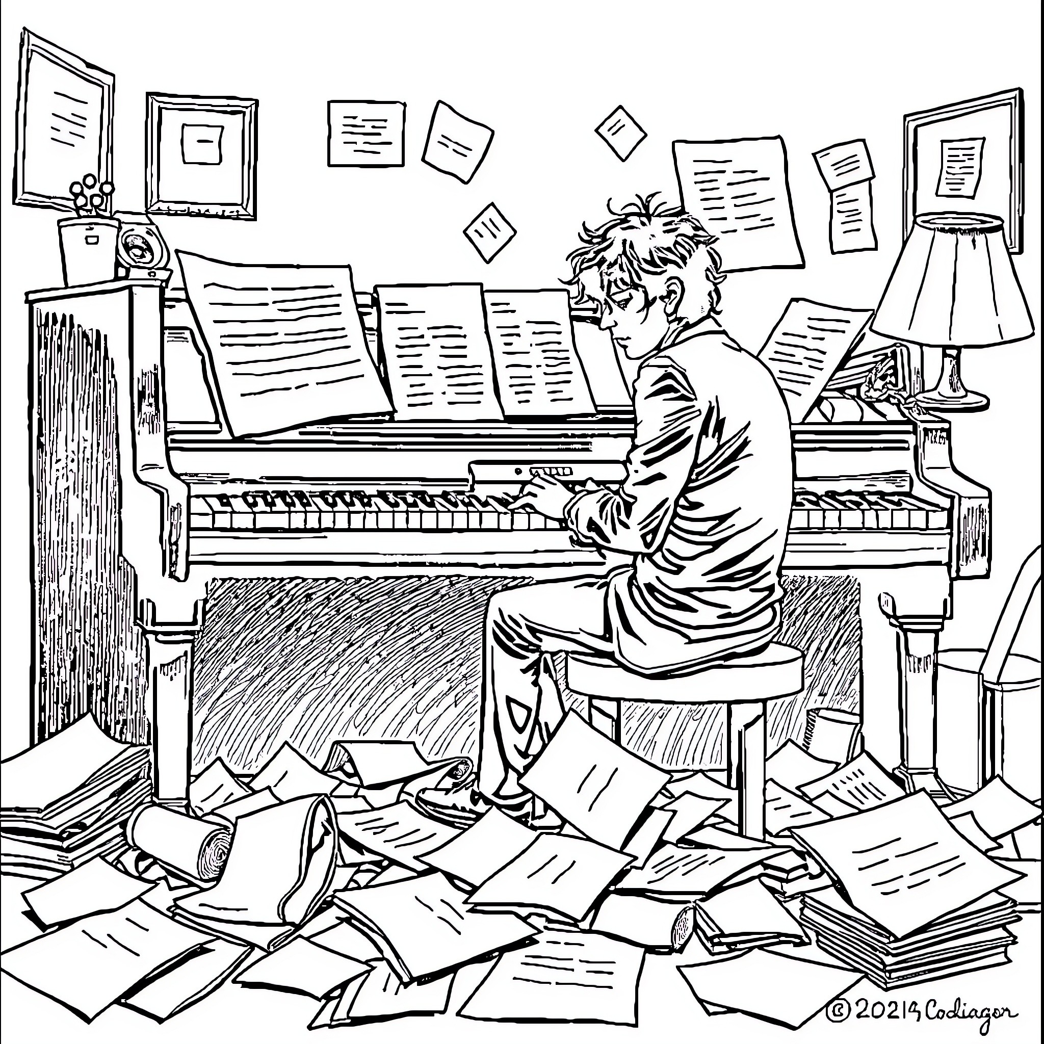 Robert Smith playing the piano in a messy room Coloring Page (free black-and-white line drawing printable PDF for all, from beginners to advanced learners, including children, teens, adults, and seniors)