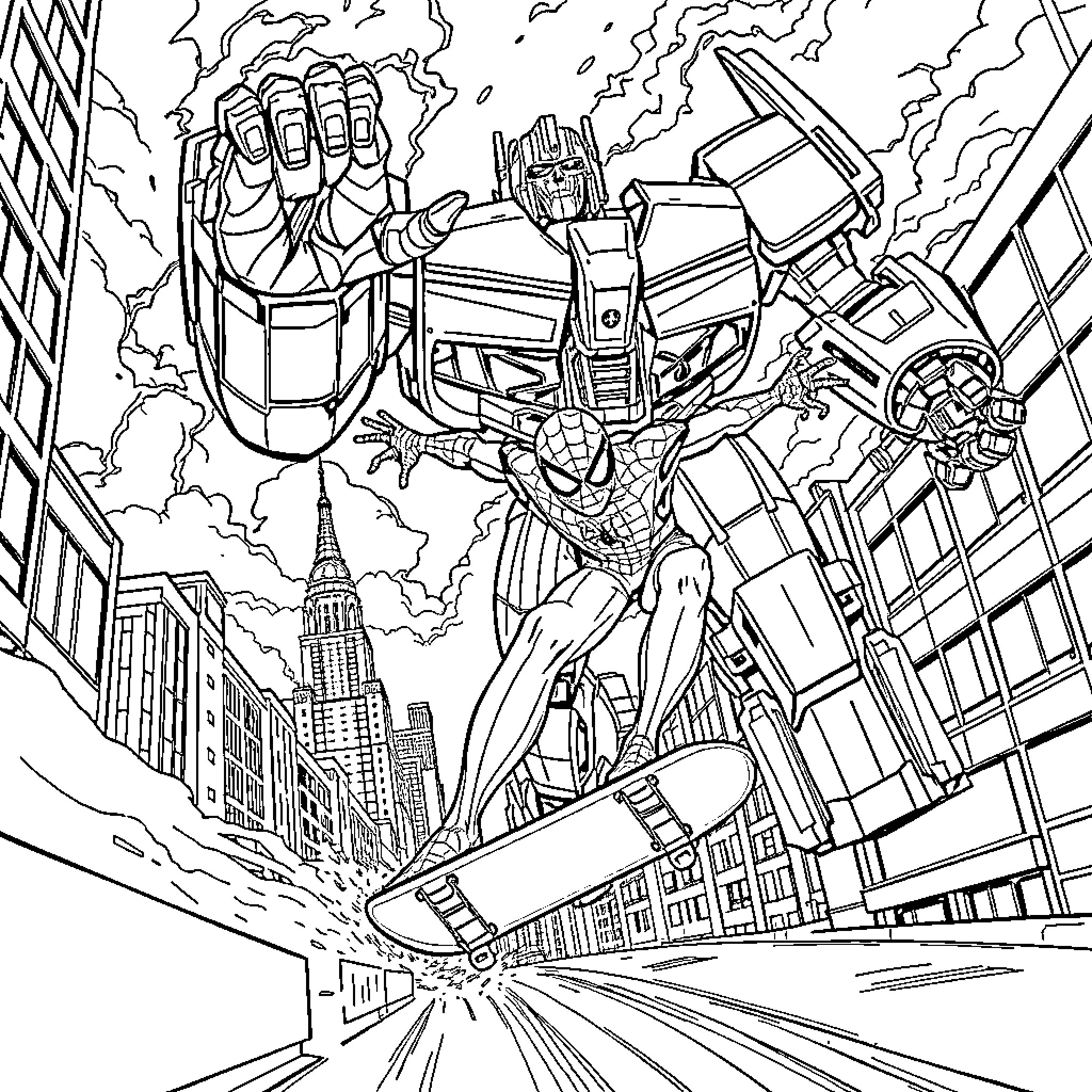 Spider-Man swinging through the city with Transformers Coloring Page (free black-and-white line drawing printable PDF for all, from beginners to advanced learners, including children, teens, adults, and seniors)