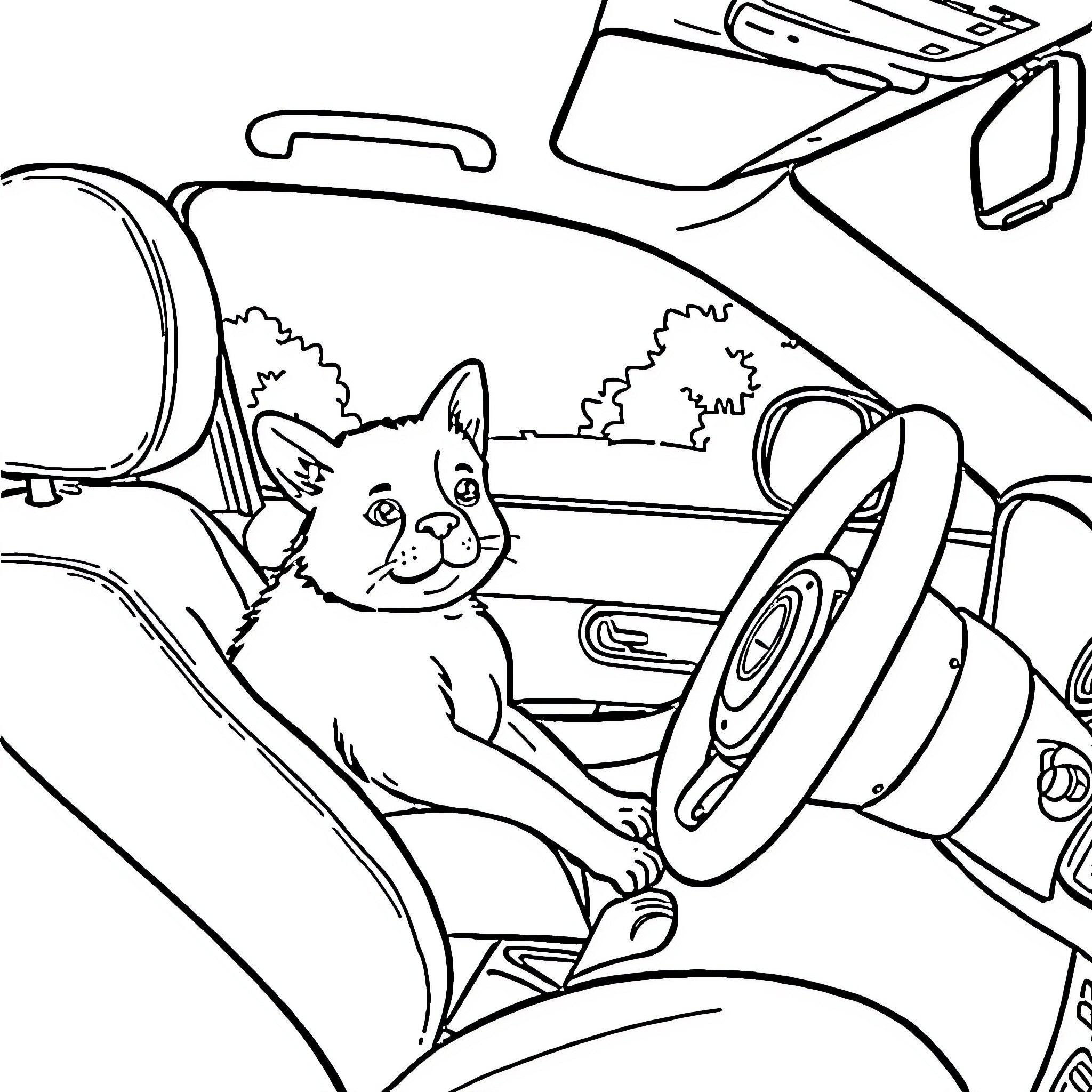 Perro disfrutando de un viaje en automóvil Coloring Page (free black-and-white line drawing printable PDF for all, from beginners to advanced learners, including children, teens, adults, and seniors)
