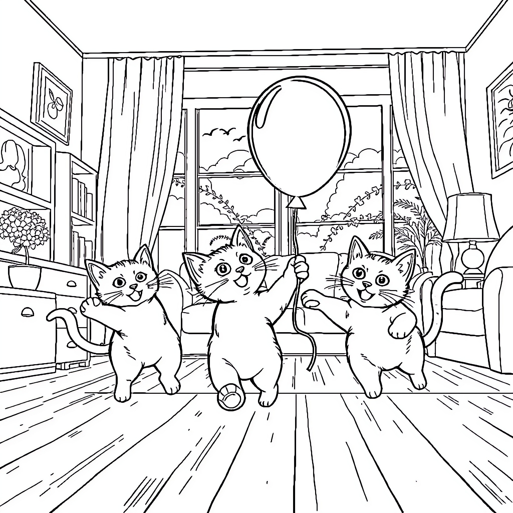 Cat trio exploring cozy indoor space Coloring Page (free black-and-white line drawing printable PDF for all, from beginners to advanced learners, including children, teens, adults, and seniors)