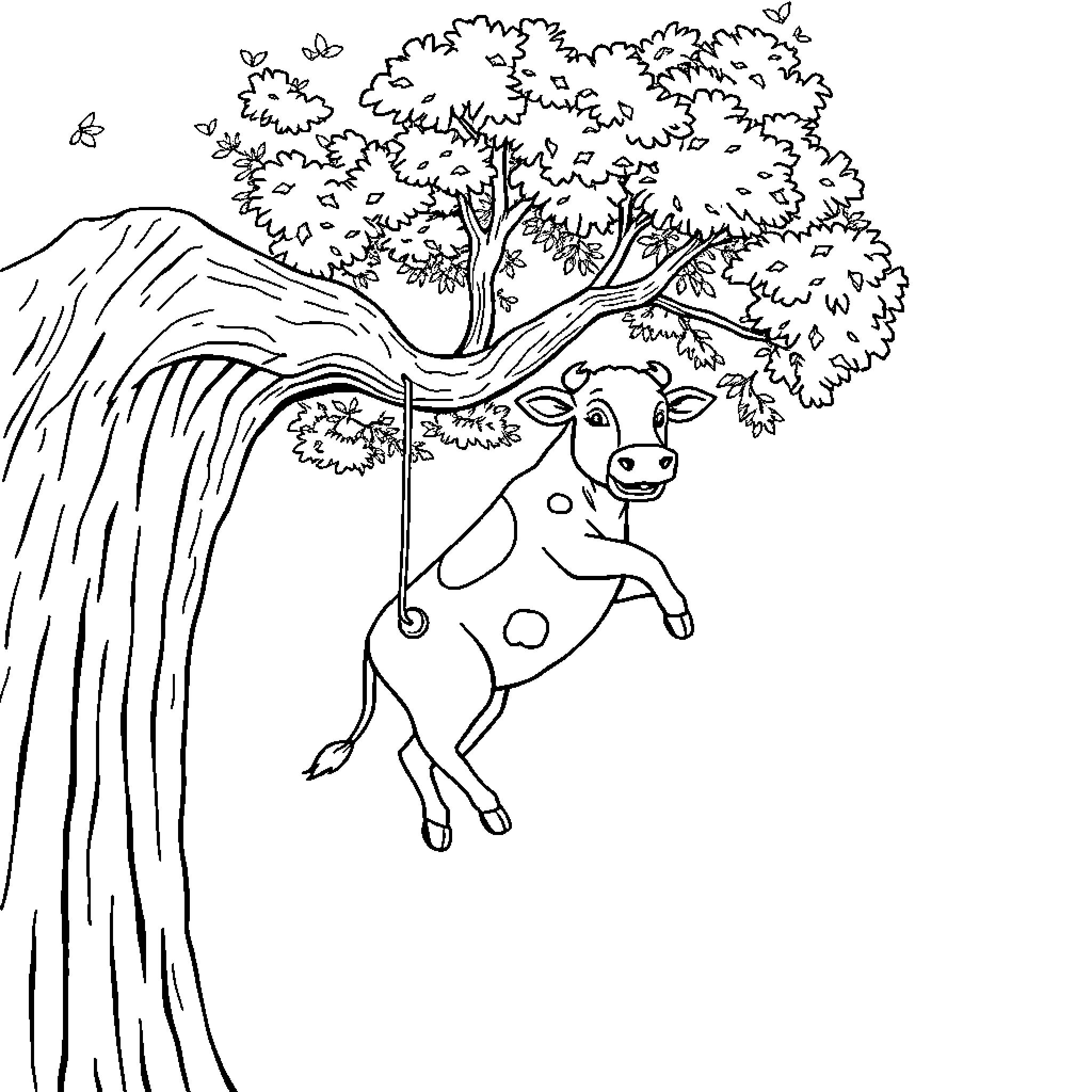 Cow enjoying shade under the tree Coloring Page (free black-and-white line drawing printable PDF for all, from beginners to advanced learners, including children, teens, adults, and seniors)