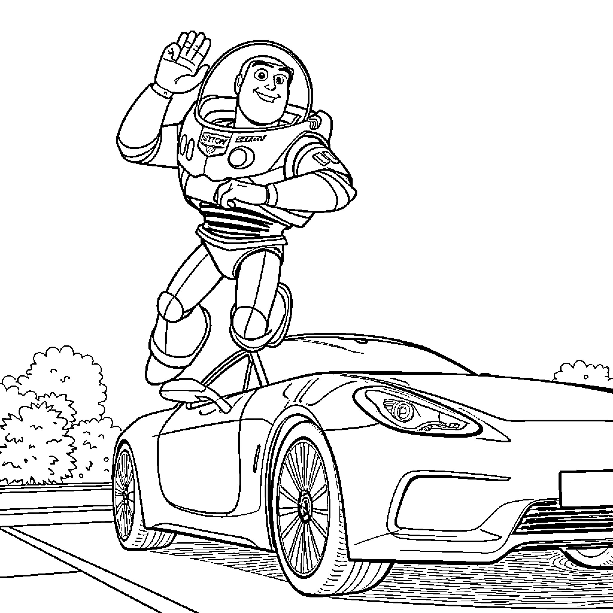 Buzz Lightyear's Heroic Pose with Futuristic Vehicle Coloring Page (free black-and-white line drawing printable PDF for all, from beginners to advanced learners, including children, teens, adults, and seniors)