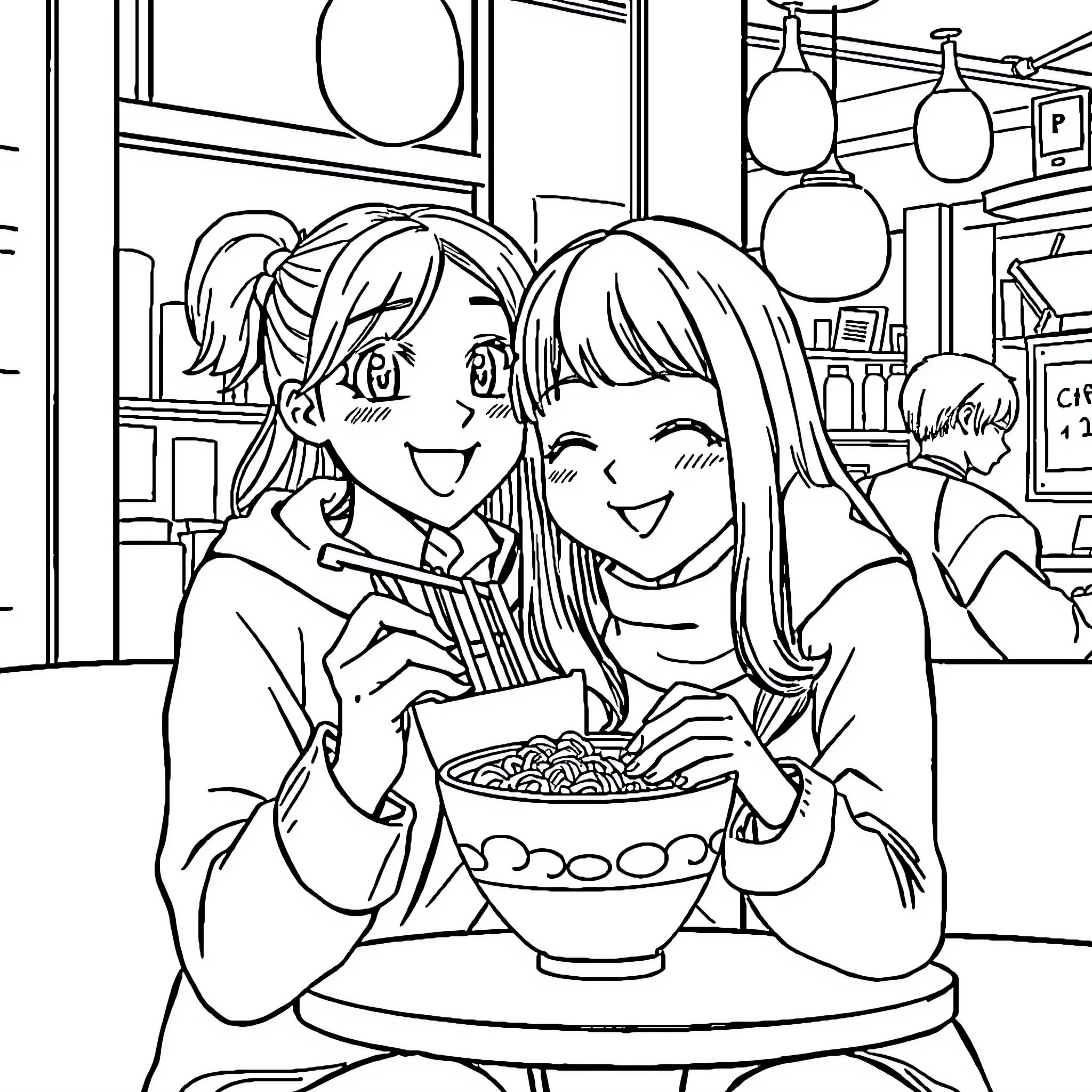 Manga Girls Enjoying a Meal Together Coloring Page (free black-and-white line drawing printable PDF for all, from beginners to advanced learners, including children, teens, adults, and seniors)