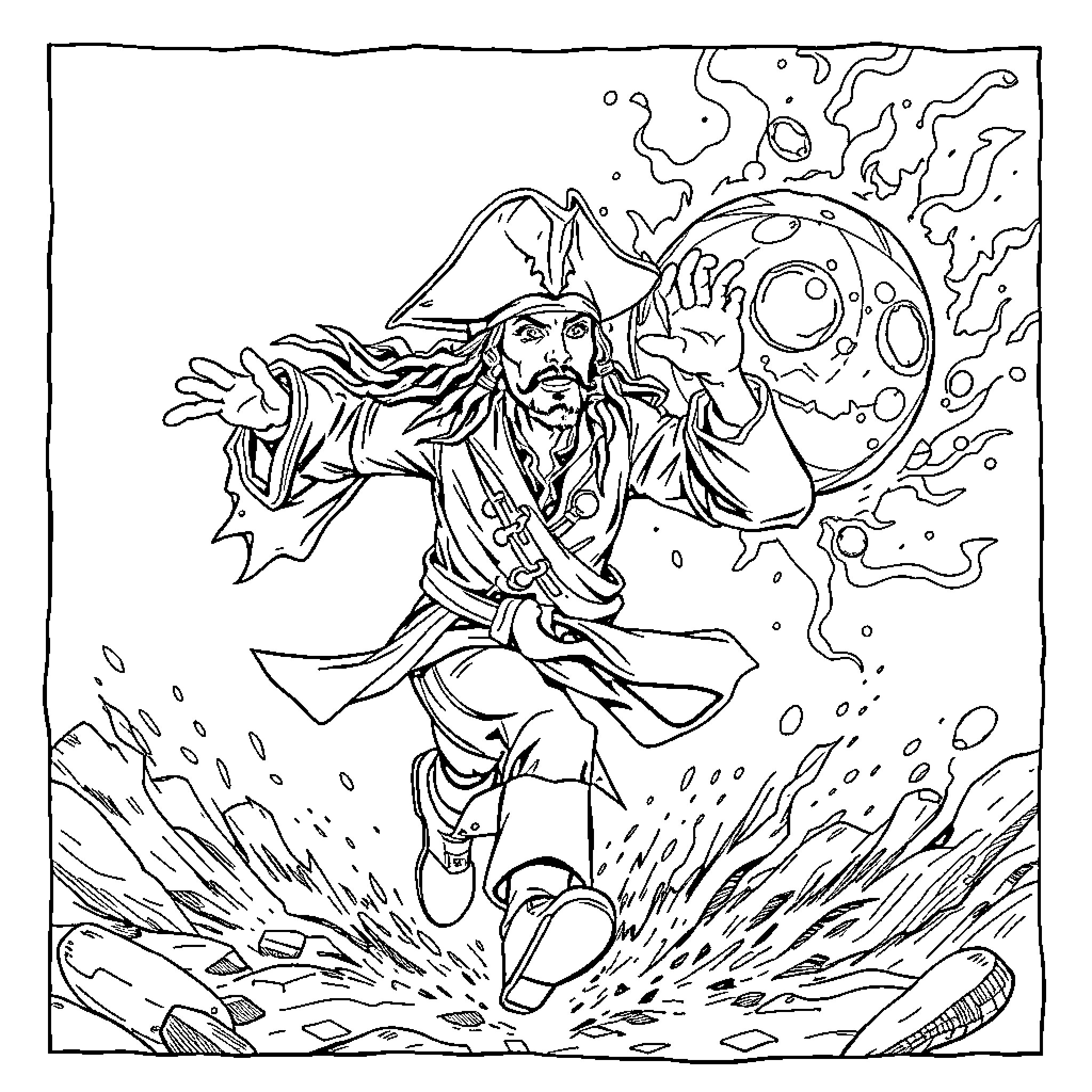 Captain Jack Sparrow braving the high seas with his mystic compass Coloring Page (free black-and-white line drawing printable PDF for all, from beginners to advanced learners, including children, teens, adults, and seniors)