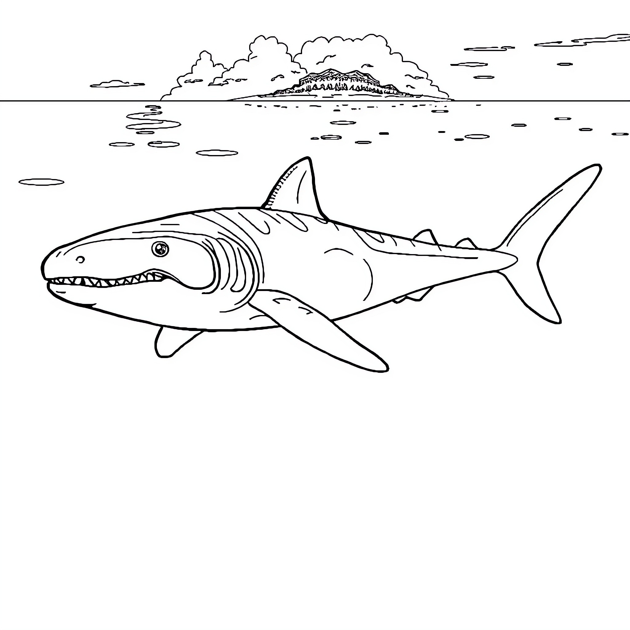 Tiburon swimming in the ocean Coloring Page (free black-and-white line drawing printable PDF for all, from beginners to advanced learners, including children, teens, adults, and seniors)