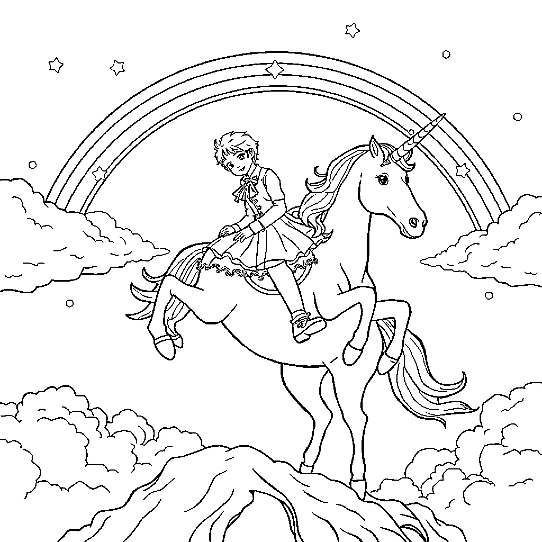 Rumi riding a magical unicorn in the clouds Coloring Page (free black-and-white line drawing printable PDF for all, from beginners to advanced learners, including children, teens, adults, and seniors)