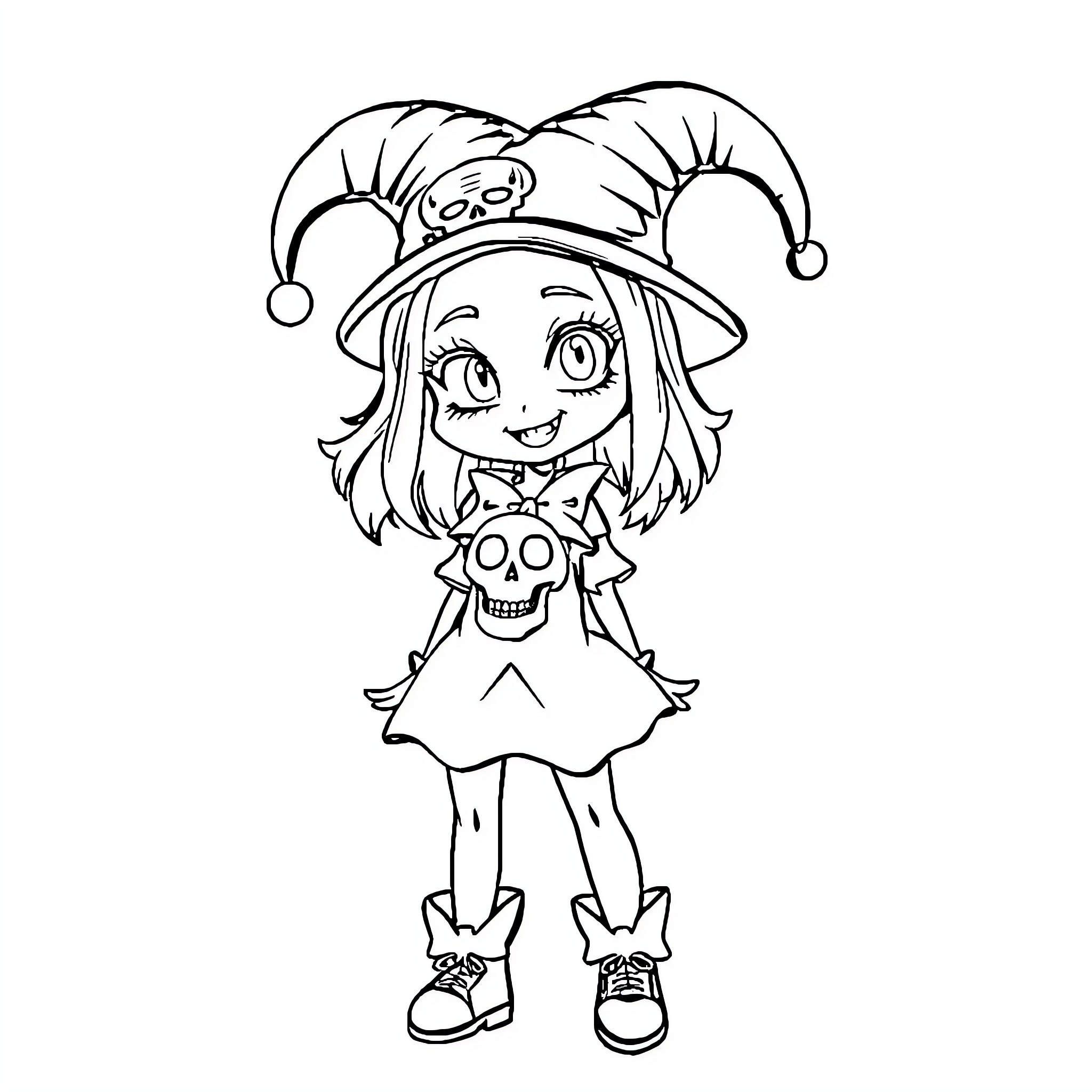 Kuromi in Playful Jester Attire Coloring Page (free black-and-white line drawing printable PDF for all, from beginners to advanced learners, including children, teens, adults, and seniors)