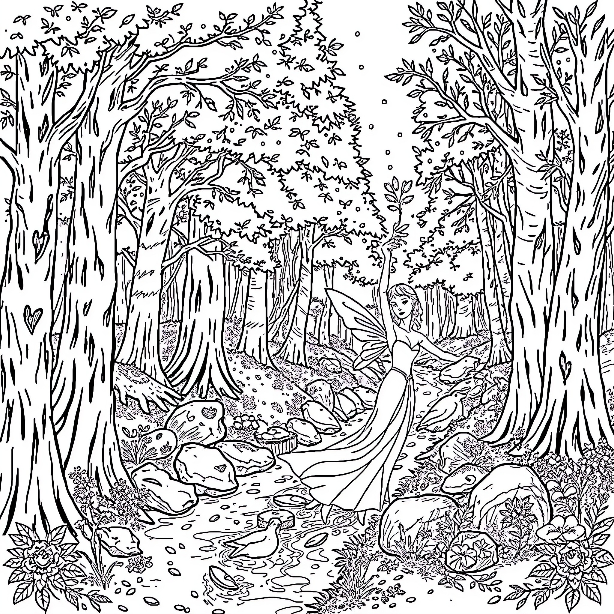 Feeble Fairies in the Enchanted Forest Coloring Page (free black-and-white line drawing printable PDF for all, from beginners to advanced learners, including children, teens, adults, and seniors)