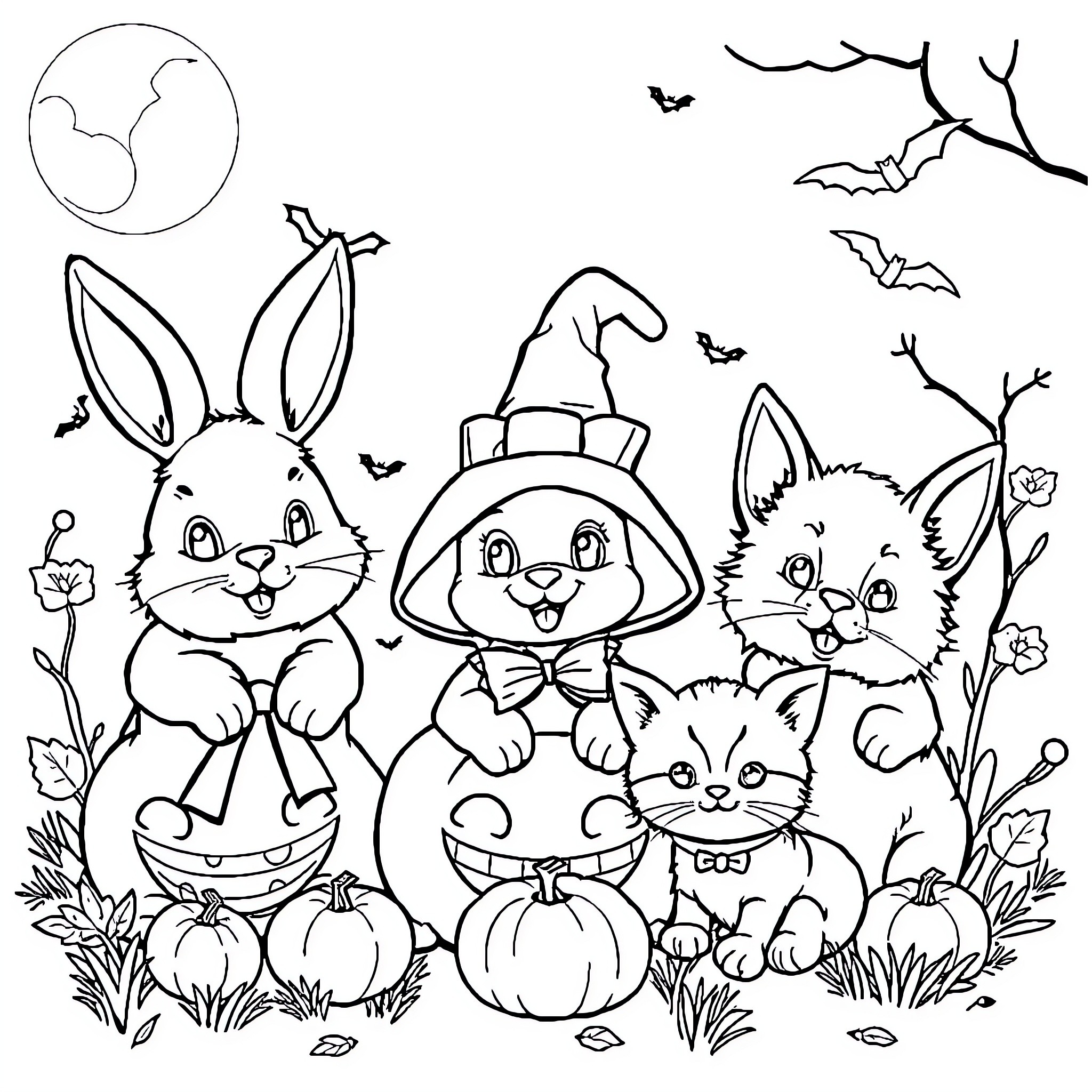 Bunnies celebrating Halloween with pumpkins and spooky decor Coloring Page (free black-and-white line drawing printable PDF for all, from beginners to advanced learners, including children, teens, adults, and seniors)