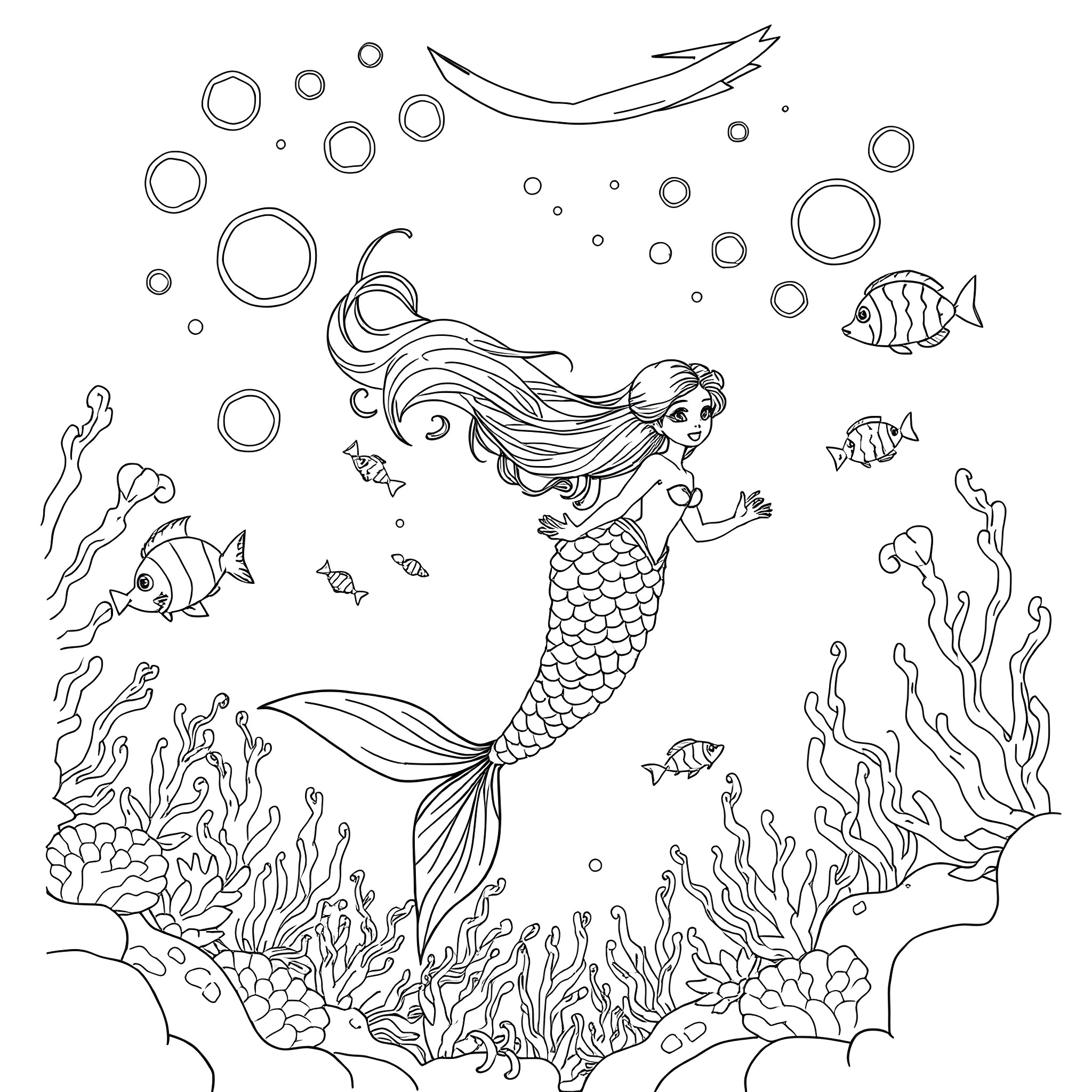 Mermaid swimming playfully in the underwater seascape Coloring Page (free black-and-white line drawing printable PDF for all, from beginners to advanced learners, including children, teens, adults, and seniors)