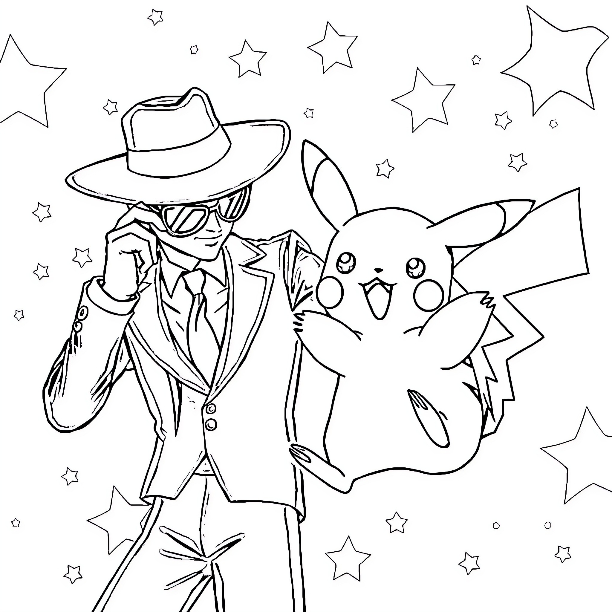 Spy Pikachu and detective in starry night Coloring Page (free black-and-white line drawing printable PDF for all, from beginners to advanced learners, including children, teens, adults, and seniors)