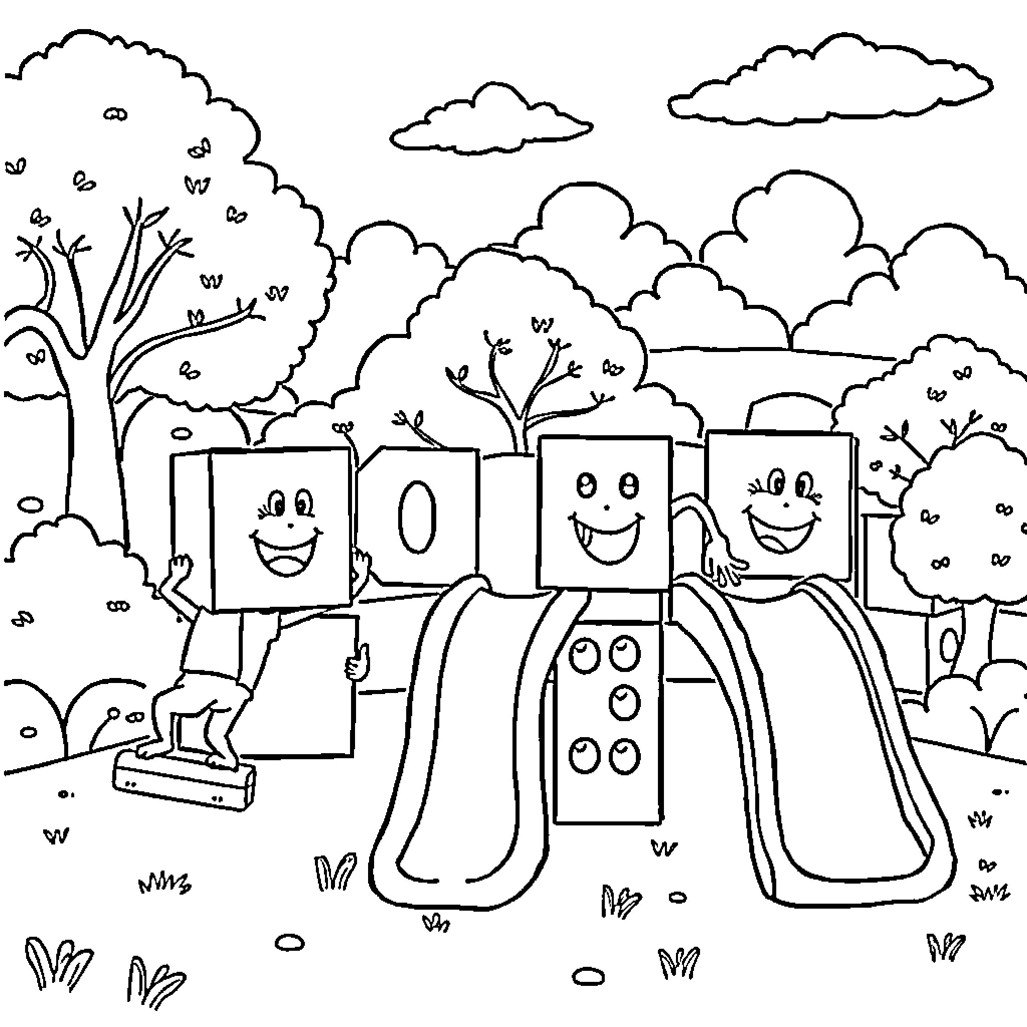 Number Blocks Playing on Playground Equipment Coloring Page (free black-and-white line drawing printable PDF for all, from beginners to advanced learners, including children, teens, adults, and seniors)