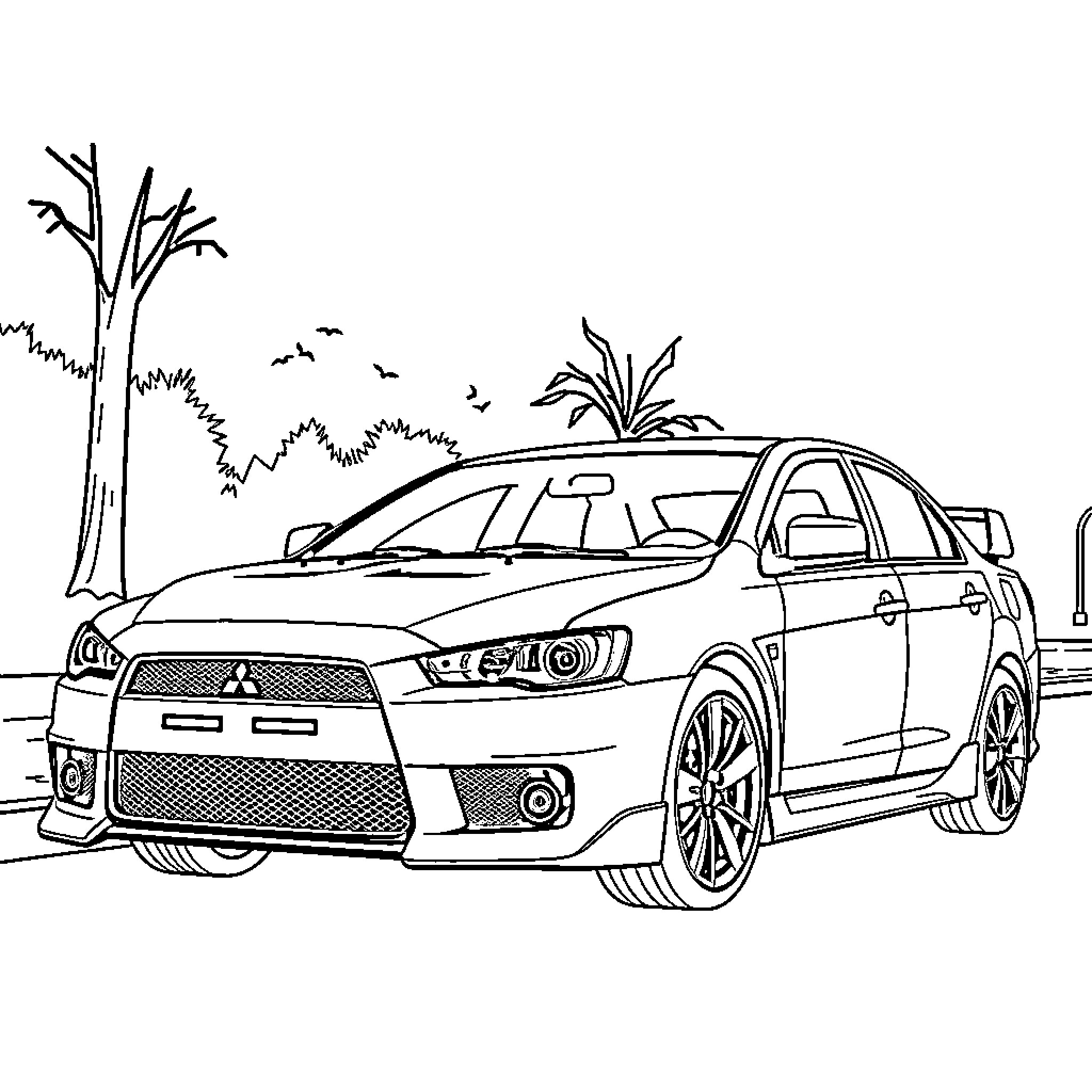 Mitsubishi Lancer in scenic outdoor setting Coloring Page (free black-and-white line drawing printable PDF for all, from beginners to advanced learners, including children, teens, adults, and seniors)
