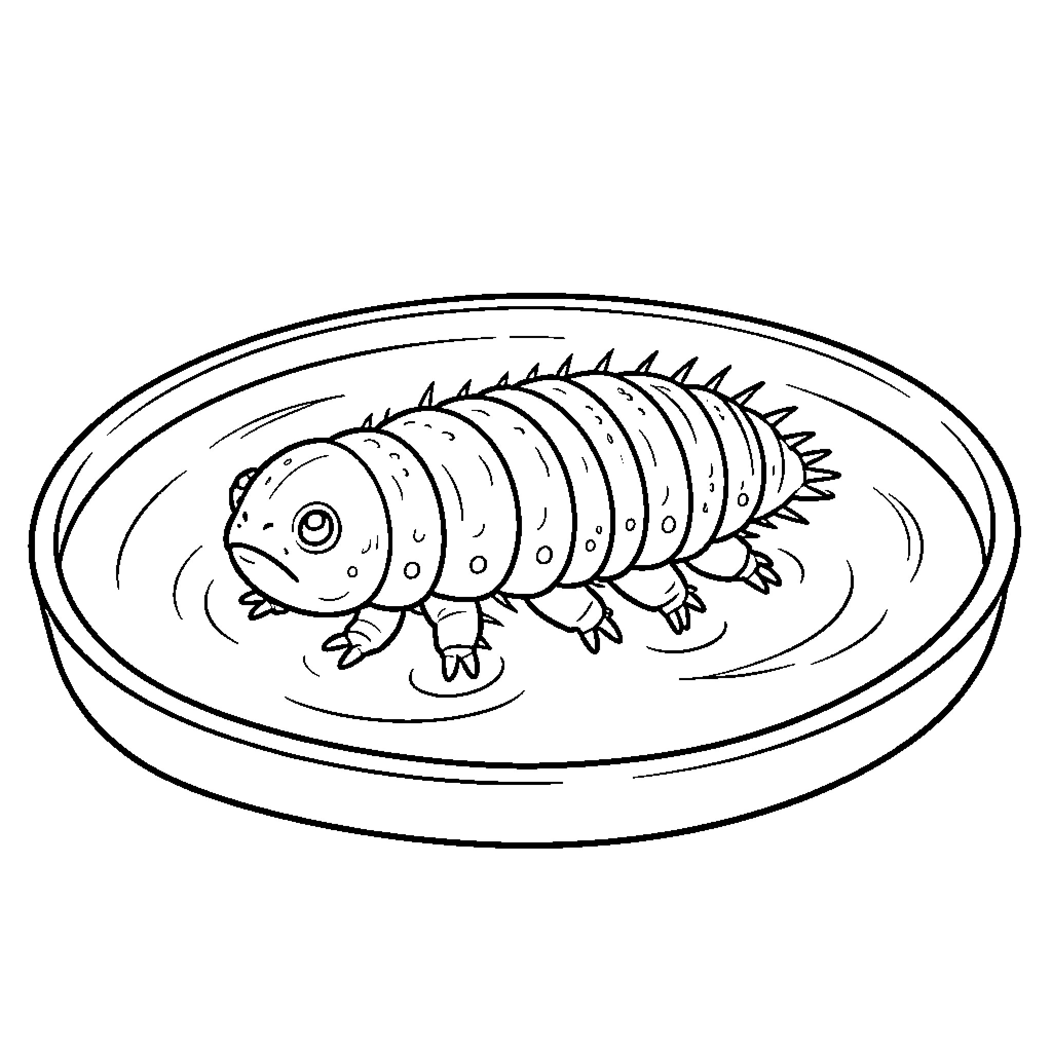 Tardigrade resting peacefully in a shallow dish Coloring Page (free black-and-white line drawing printable PDF for all, from beginners to advanced learners, including children, teens, adults, and seniors)