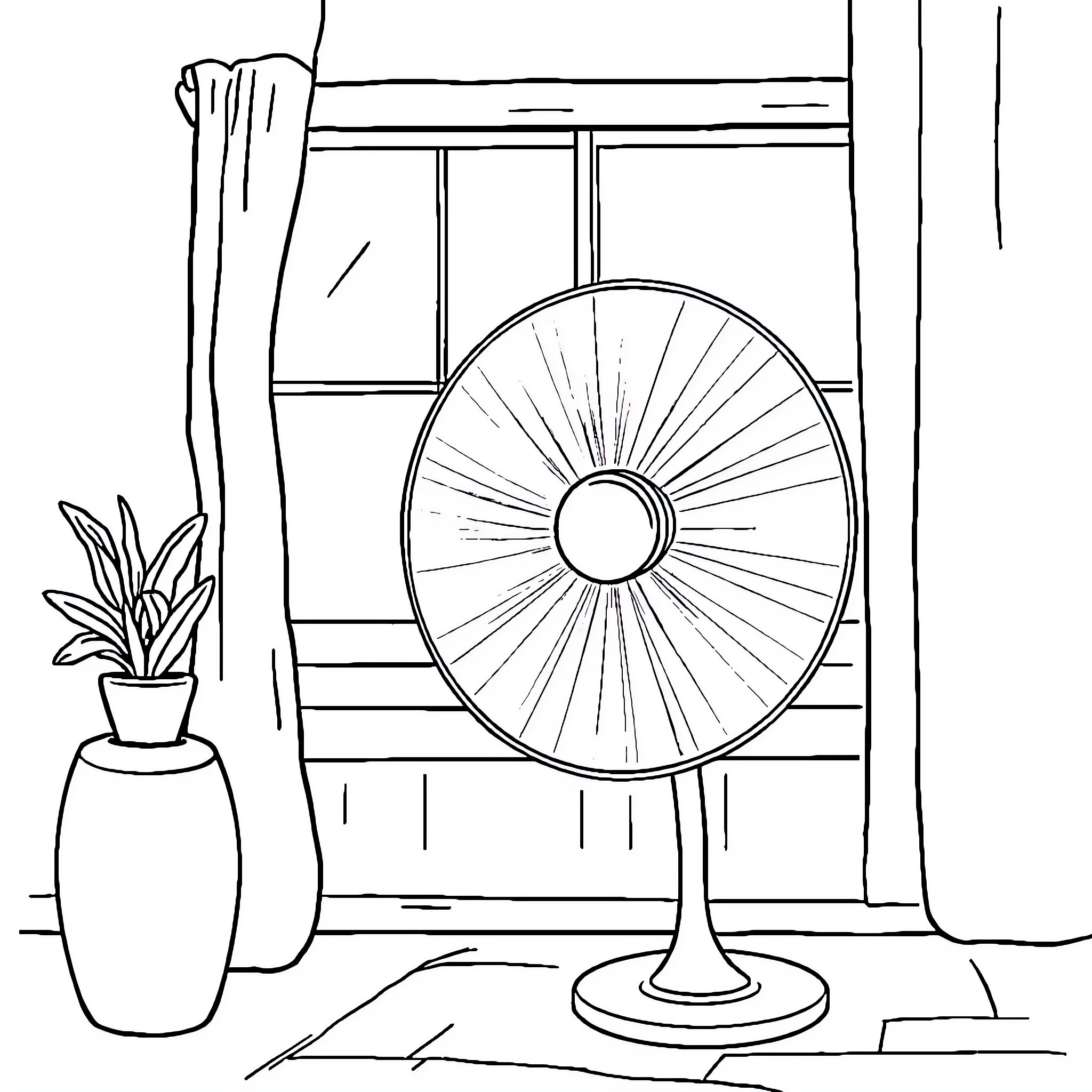 Fan Cooling in Home Office Scene Coloring Page (free black-and-white line drawing printable PDF for all, from beginners to advanced learners, including children, teens, adults, and seniors)