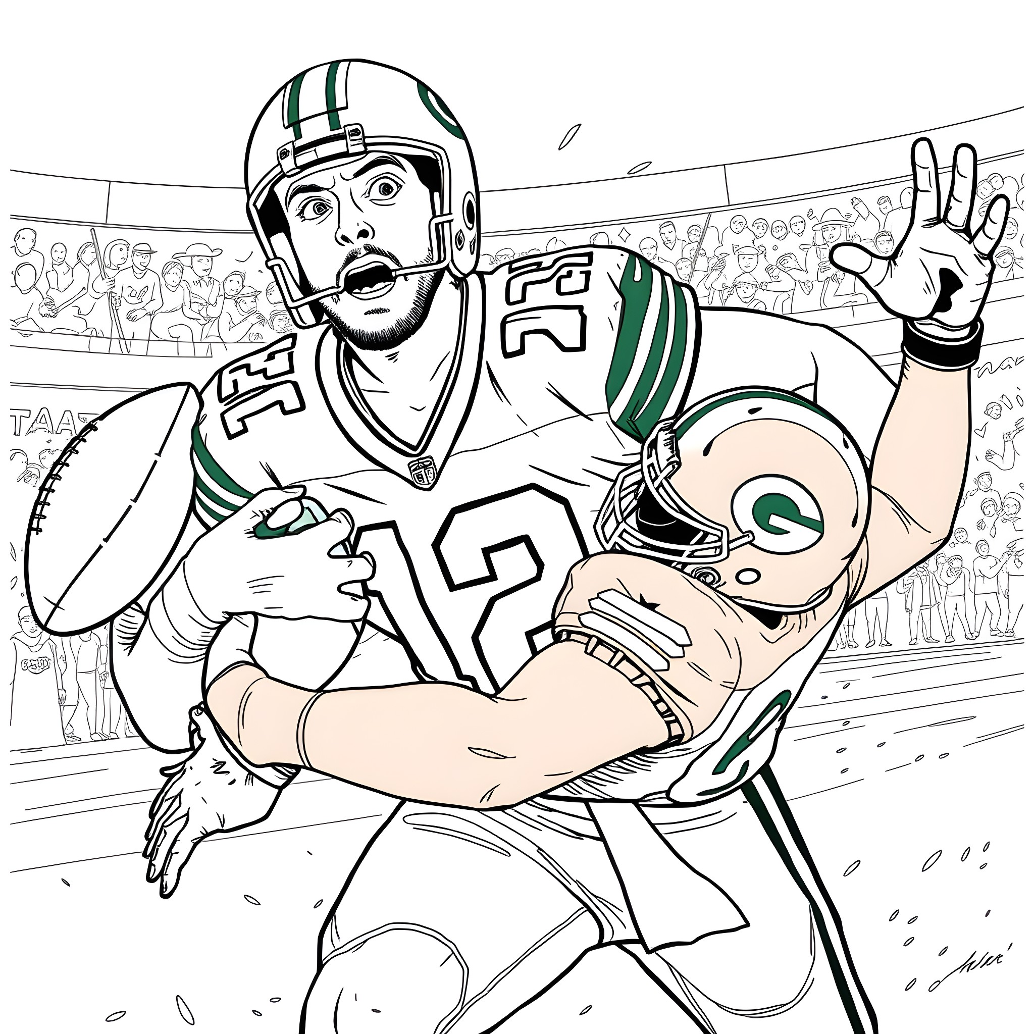 Aaron Rodgers Celebrates Touchdown with Enthusiastic Gesture Coloring Page (free black-and-white line drawing printable PDF for all, from beginners to advanced learners, including children, teens, adults, and seniors)