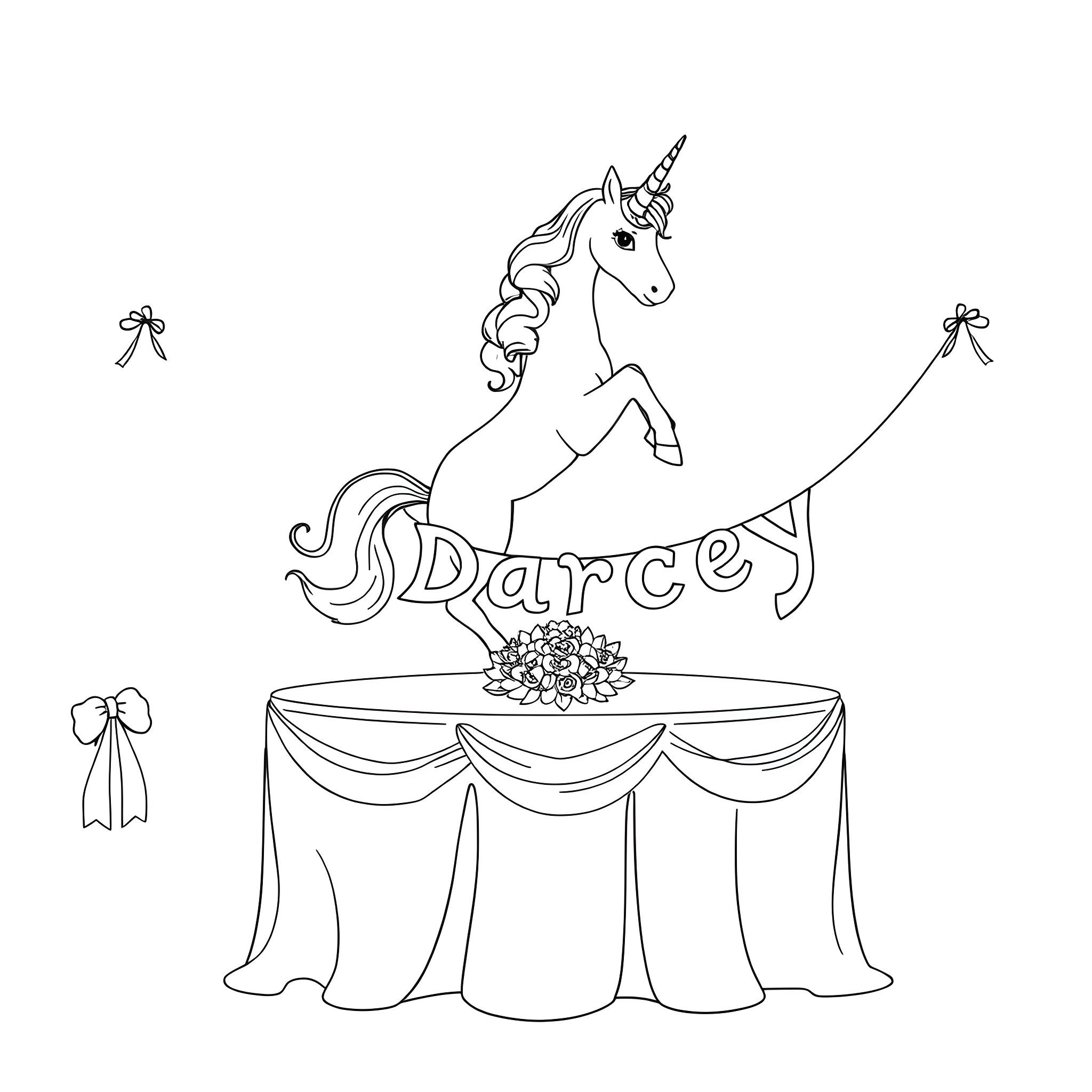 Unicorn leaping gracefully on decorated stage Coloring Page (free black-and-white line drawing printable PDF for all, from beginners to advanced learners, including children, teens, adults, and seniors)