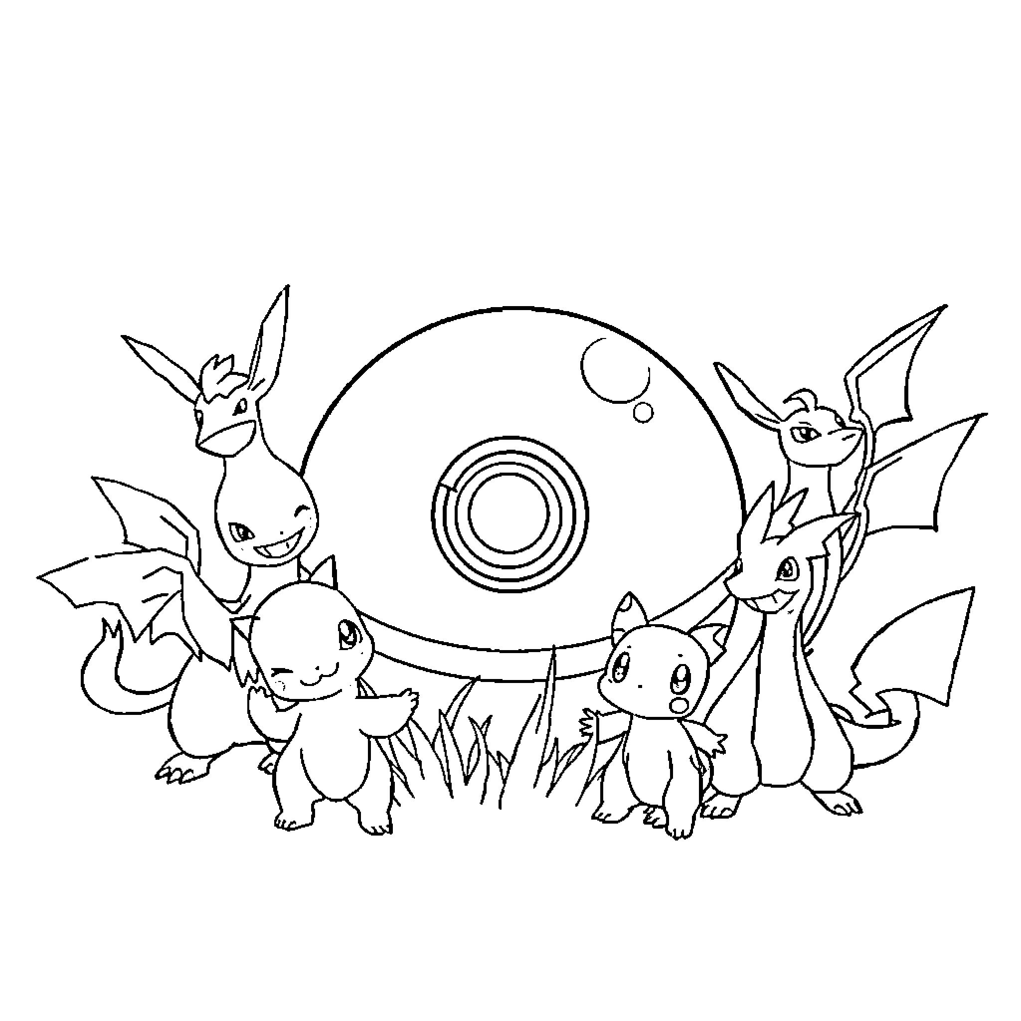 Pokémon characters having a group adventure Coloring Page (free black-and-white line drawing printable PDF for all, from beginners to advanced learners, including children, teens, adults, and seniors)