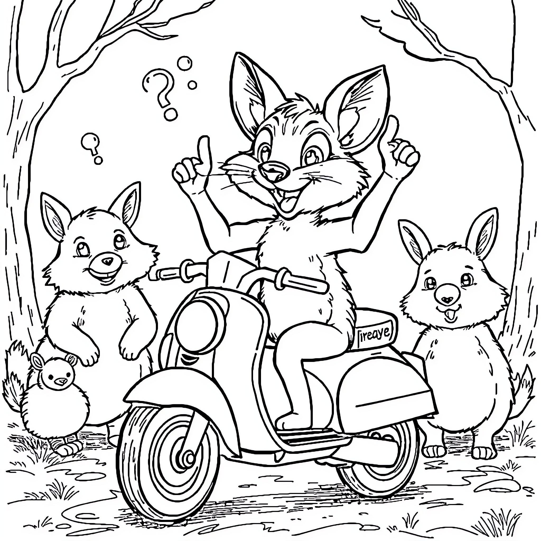 Weasel riding scooter with playful friends in forest Coloring Page (free black-and-white line drawing printable PDF for all, from beginners to advanced learners, including children, teens, adults, and seniors)