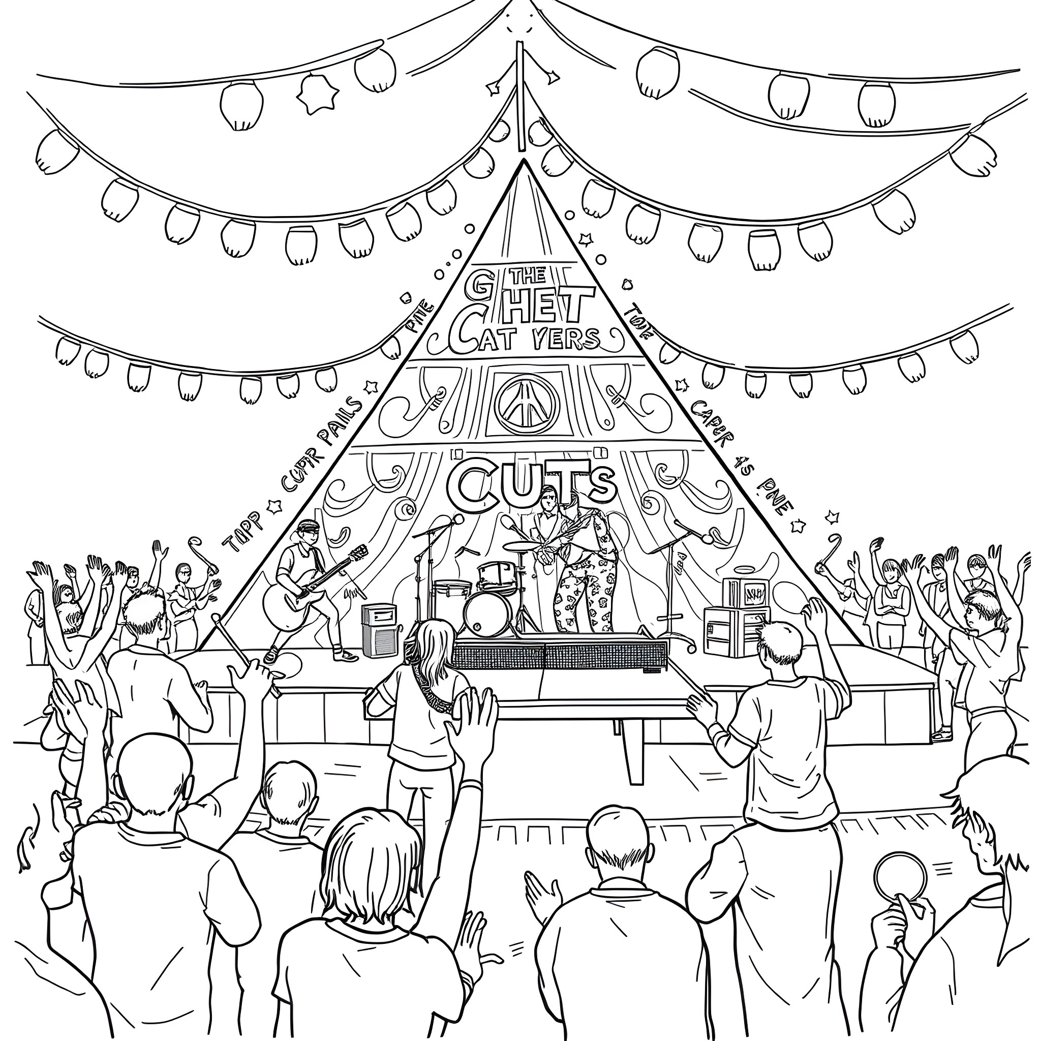 Band performing on stage at concert with festive decorations Coloring Page (free black-and-white line drawing printable PDF for all, from beginners to advanced learners, including children, teens, adults, and seniors)