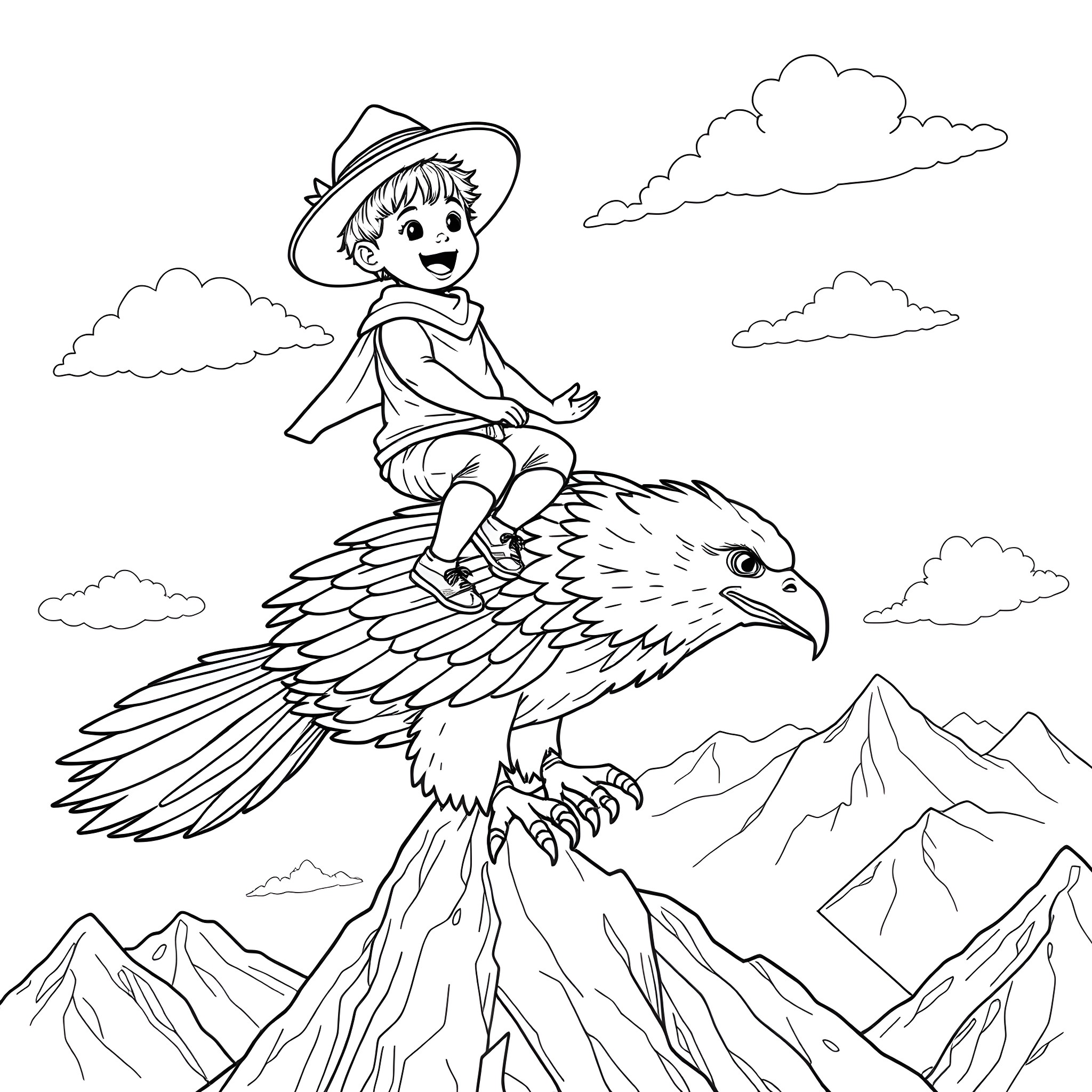 Kid Rock Soaring Above the Mountains on a Giant Bird Coloring Page (free black-and-white line drawing printable PDF for all, from beginners to advanced learners, including children, teens, adults, and seniors)